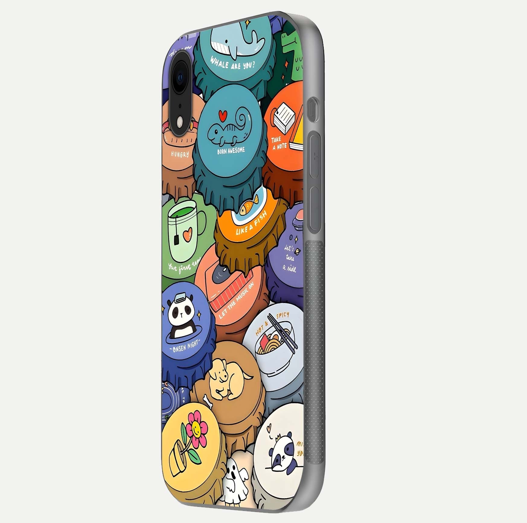 Coins Patterns Glass Case for iPhone Xr side-angle photo capturing shine finish and curve glow