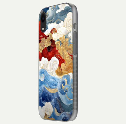 Colored Waves Glass Case for iPhone Xr side-angle image showing light reflection, edge design, and shine