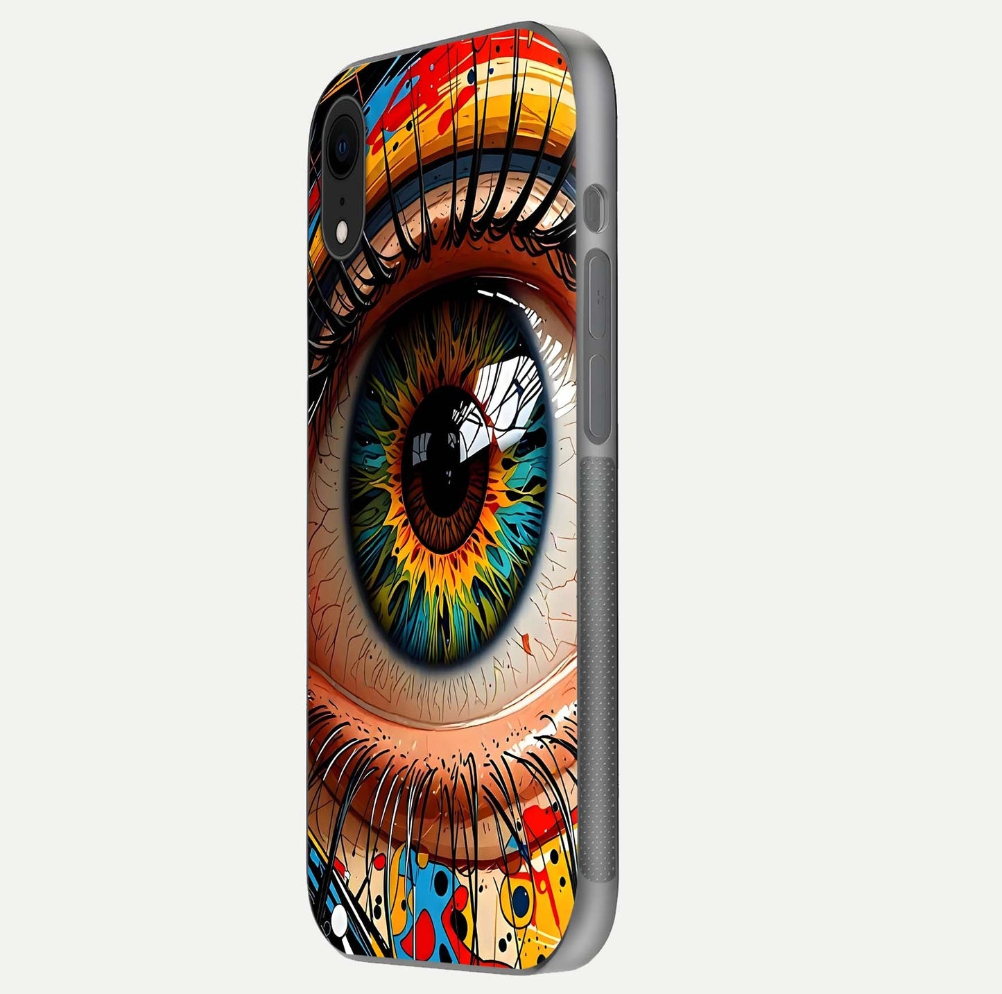 Colorful Eye Glass Case for iPhone Xr side-angle photo showing reflective surface and design detail
