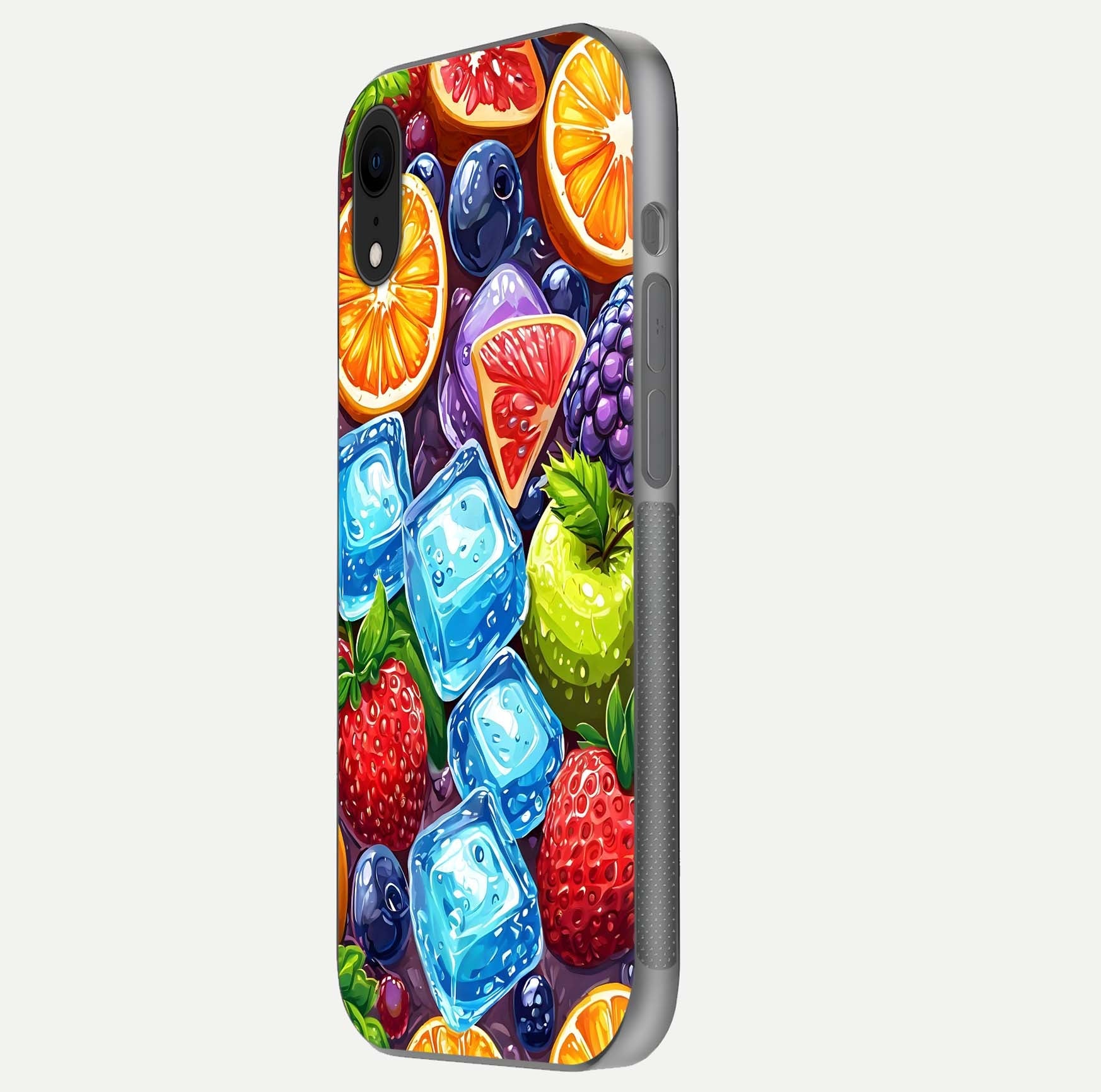 Colorful Fruits with Ice Glass Case for iPhone Xr side-angle photo showing curve gloss and vivid tones
