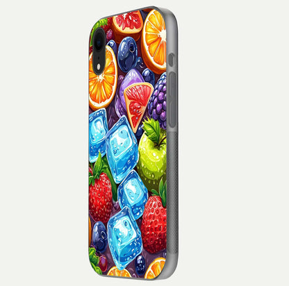 Colorful Fruits with Ice Glass Case for iPhone Xr side-angle photo showing curve gloss and vivid tones