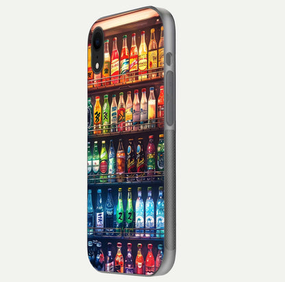 Colorful Soda Bottles Glass Case for iPhone Xr side-angle photo showing polish shine and texture depth