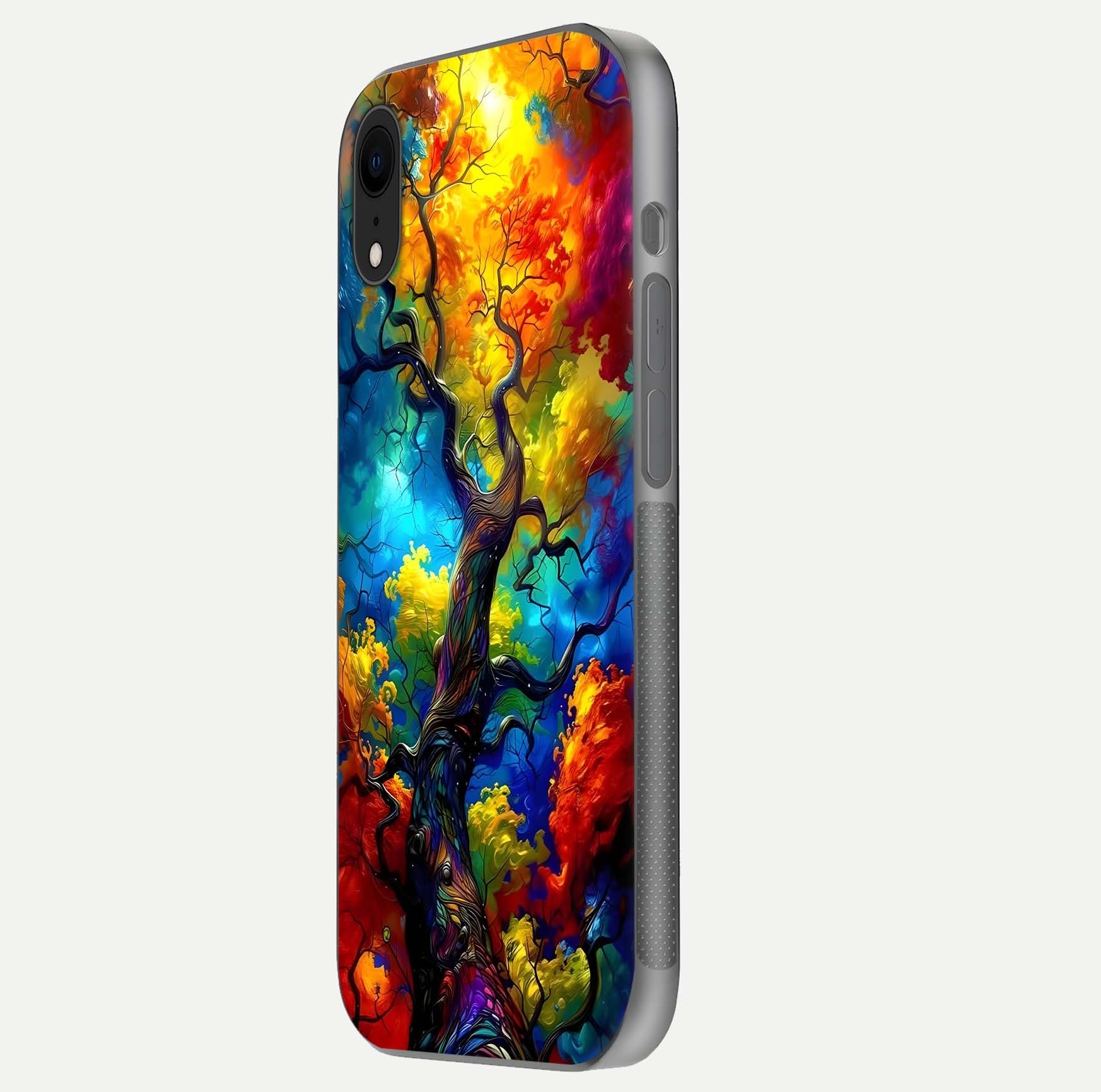 Colorful Tree Glass Case for iPhone Xr side-angle image showing curve reflection and fine print texture