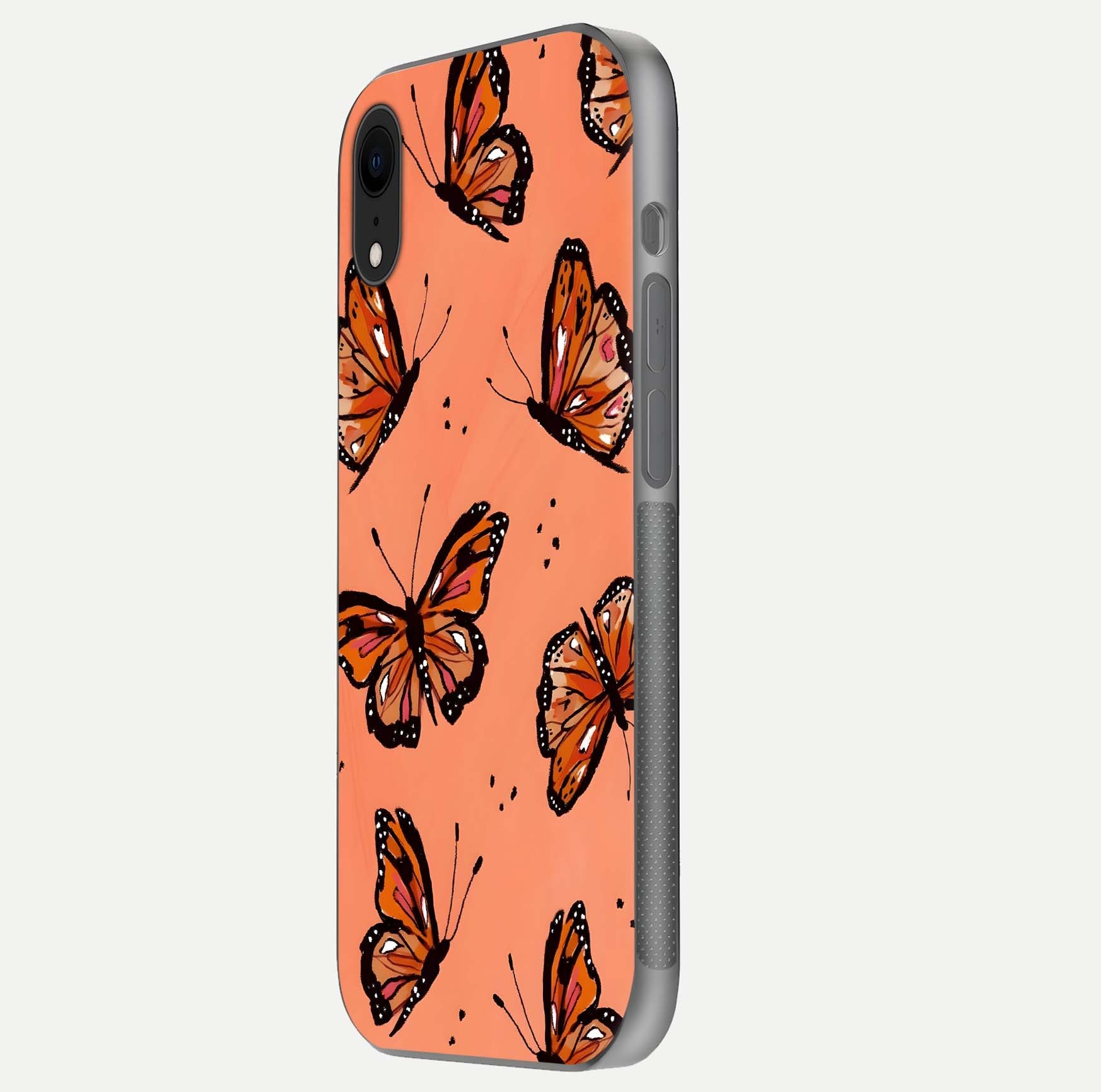 Coral Wing Butterfly Glass Case for iPhone Xr side-angle photo showing reflective finish and smooth edges
