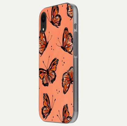Coral Wing Butterfly Glass Case for iPhone Xr side-angle photo showing reflective finish and smooth edges