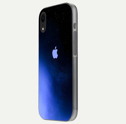 Cosmic Blue Apple Glass Case for iPhone Xr side-angle image showing curve polish and star detail