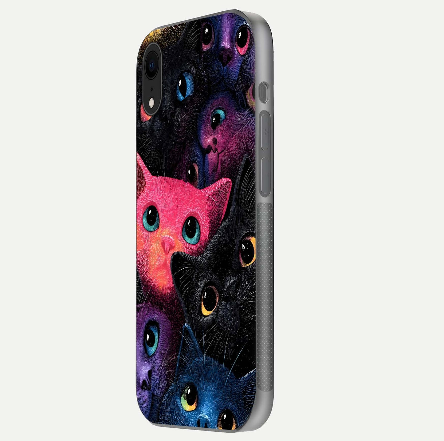 Cosmic Cats Dreams Glass Case for iPhone Xr side-angle photo showing edge gloss and color depth