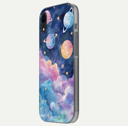Cosmic Planet Dreams Glass Case for iPhone Xr side-angle image showing texture clarity and shine