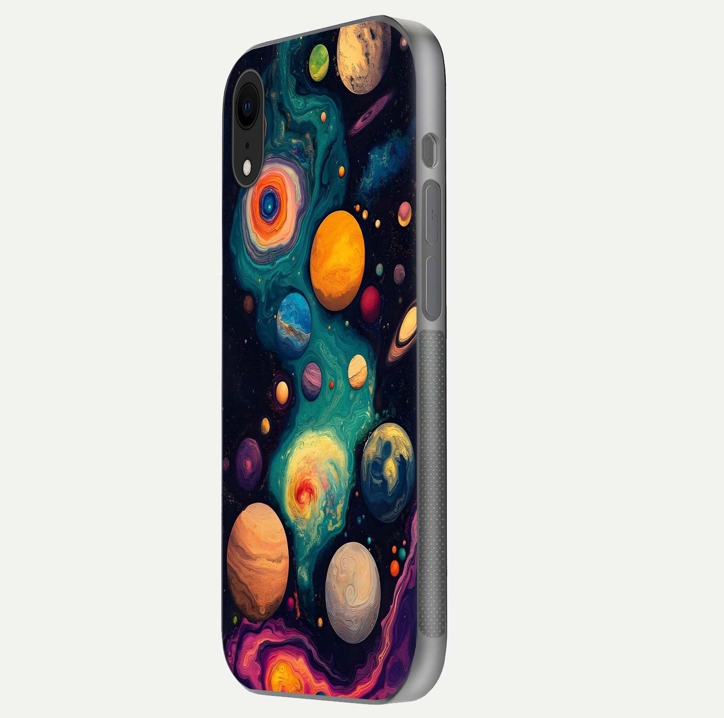 Cosmic Planet Journey Glass Case for iPhone Xr side-angle image capturing smooth gloss and reflective edges