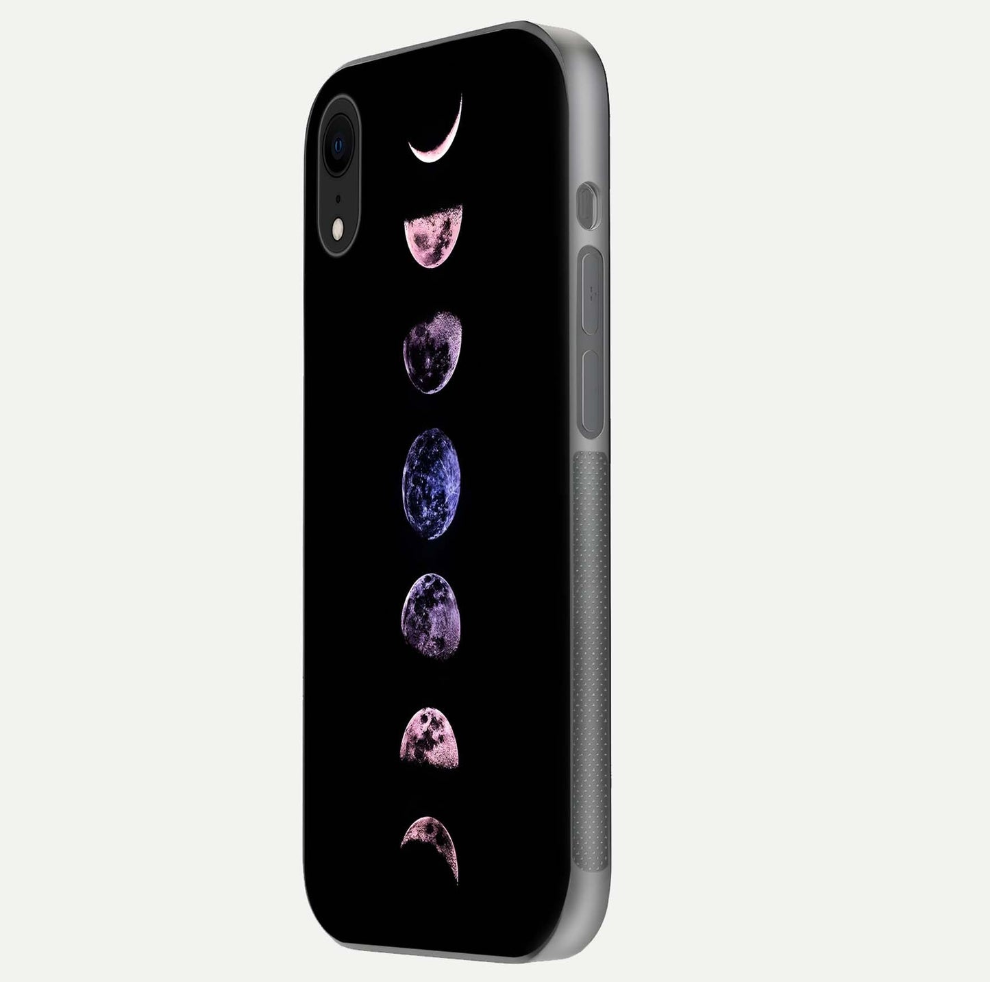 Crimson All Planets Glass Case for iPhone Xr side-angle photo capturing edge glow and glass reflection