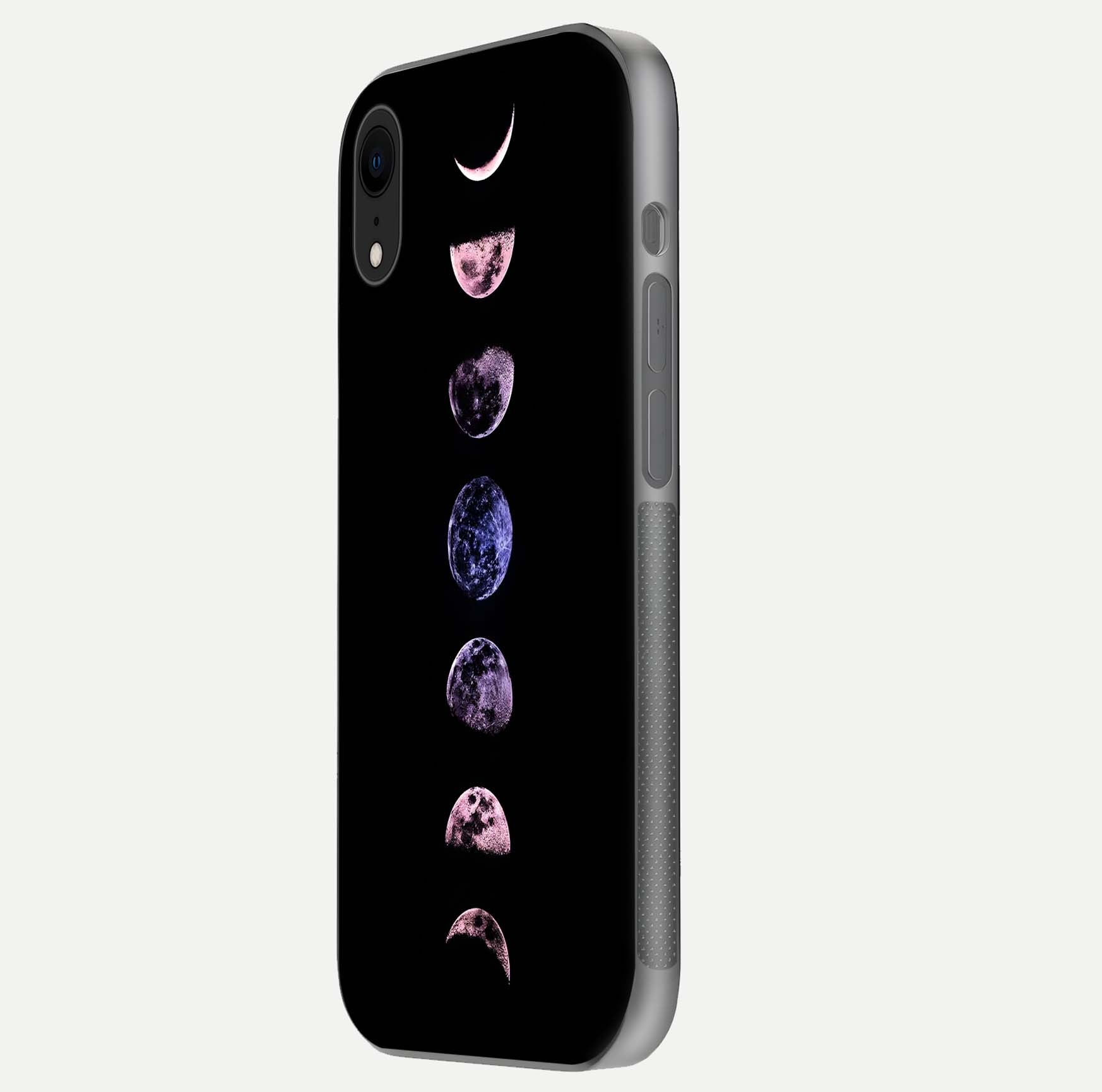 Crimson All Planets Glass Case for iPhone Xr side-angle photo capturing edge glow and glass reflection