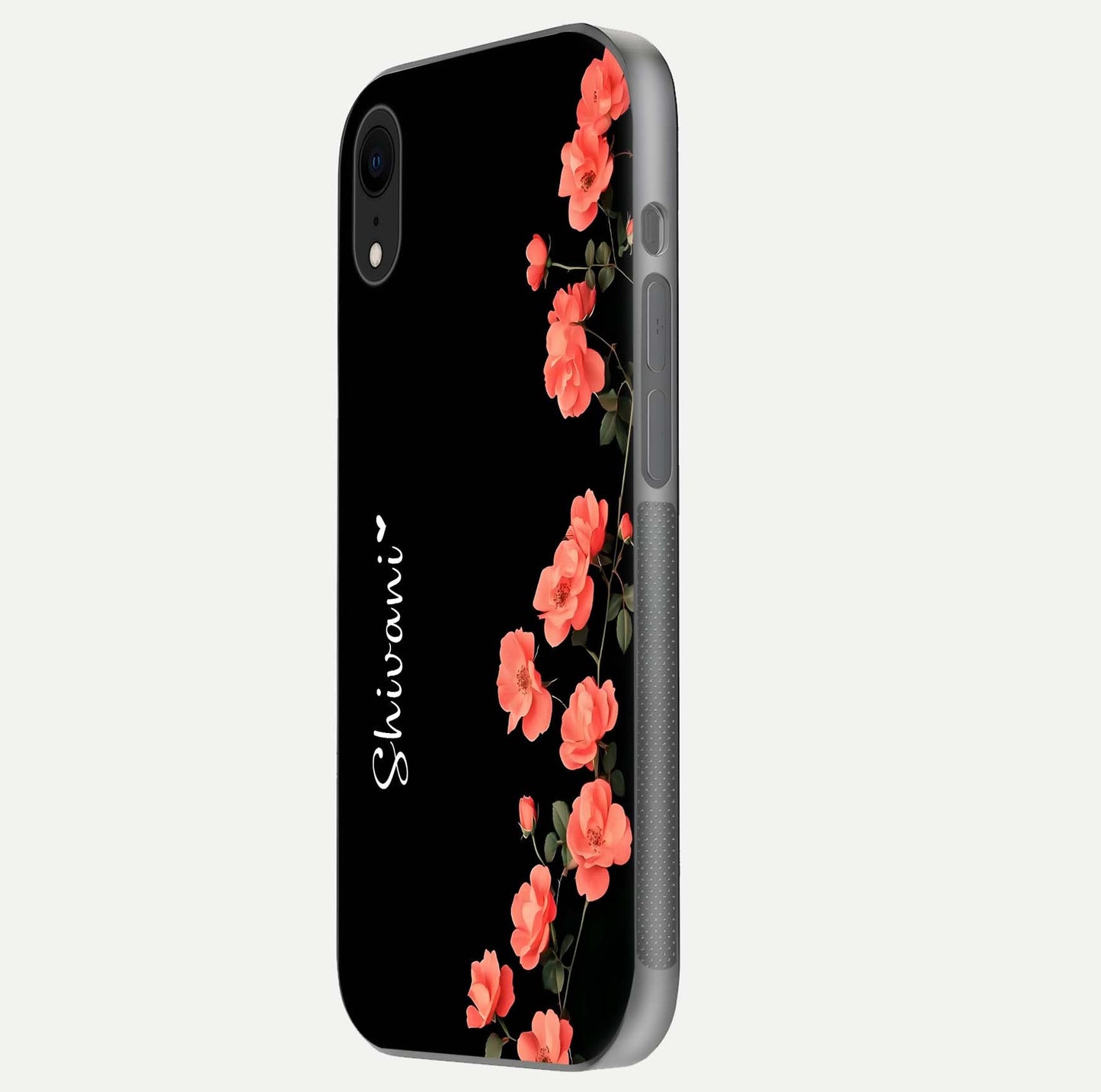 Crimson Bloom Grace Custom Name Glass Case for iPhone Xr side-angle photo capturing edge glow and name clarity