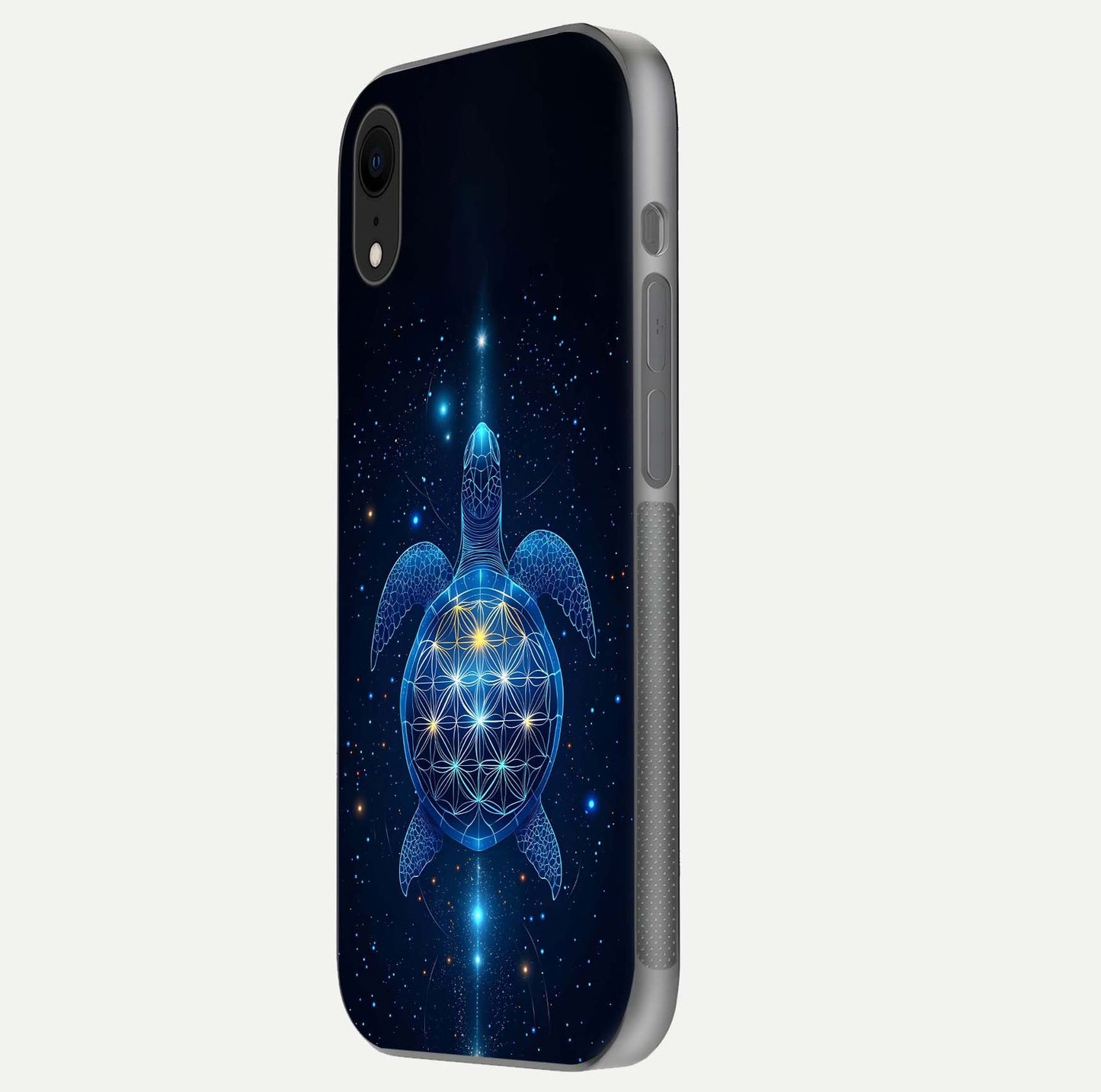 Crimson Blue Turtle Glass Case for iPhone Xr side-angle photo showing curved edge and glass gloss