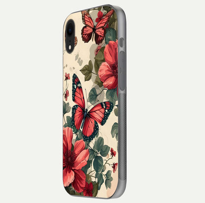 Crimson Butterfly Garden Glass Case for iPhone Xr side-angle photo capturing gloss texture and soft tone