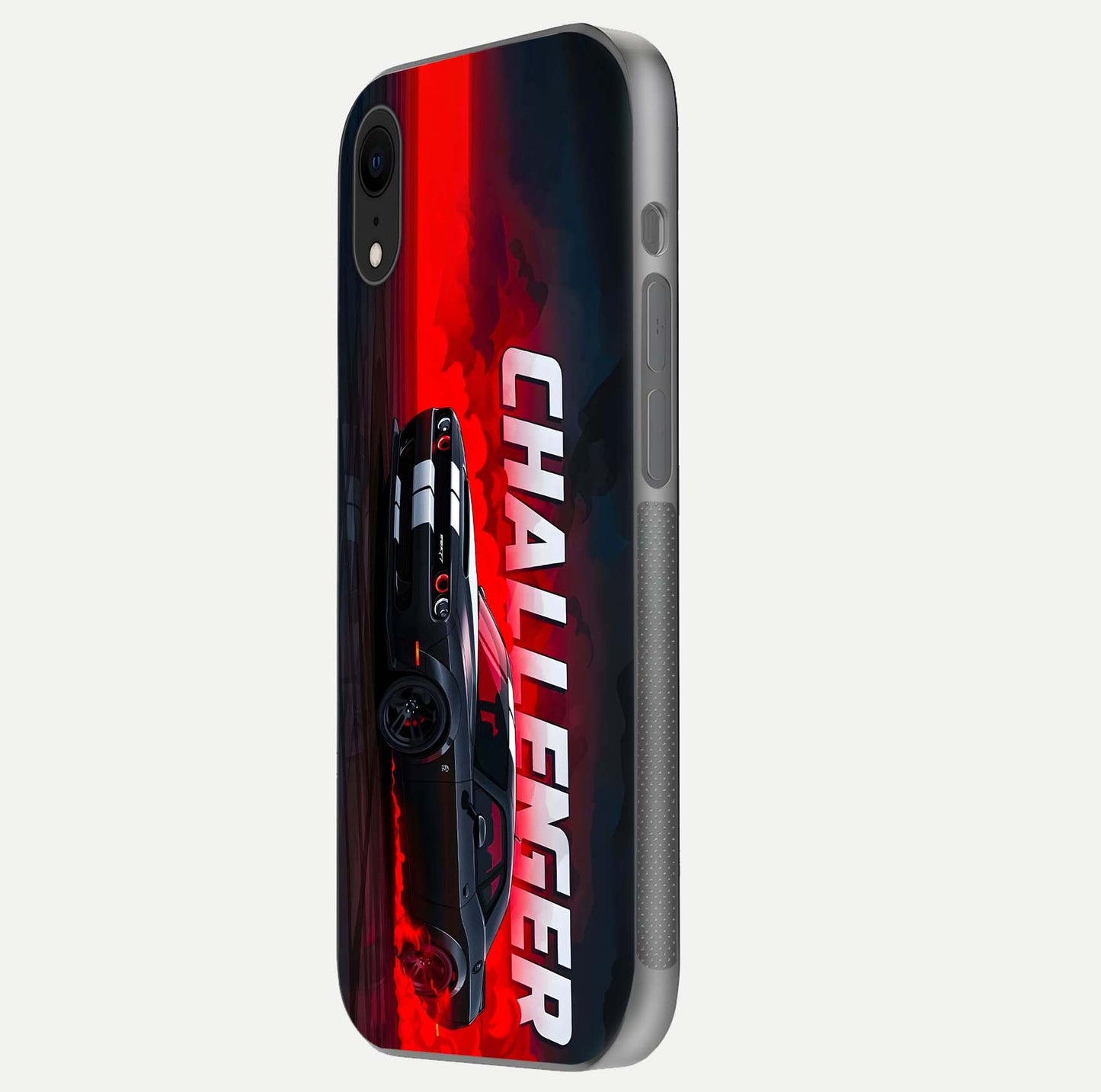 Crimson Challenger Fury Glass Case for iPhone Xr side-angle image showing curve reflection and red finish
