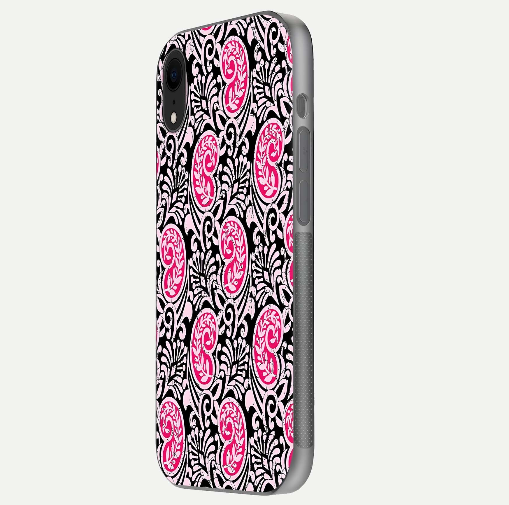 Crimson Paisley Charm Glass Case for iPhone Xr side-angle image showing reflection and smooth edges