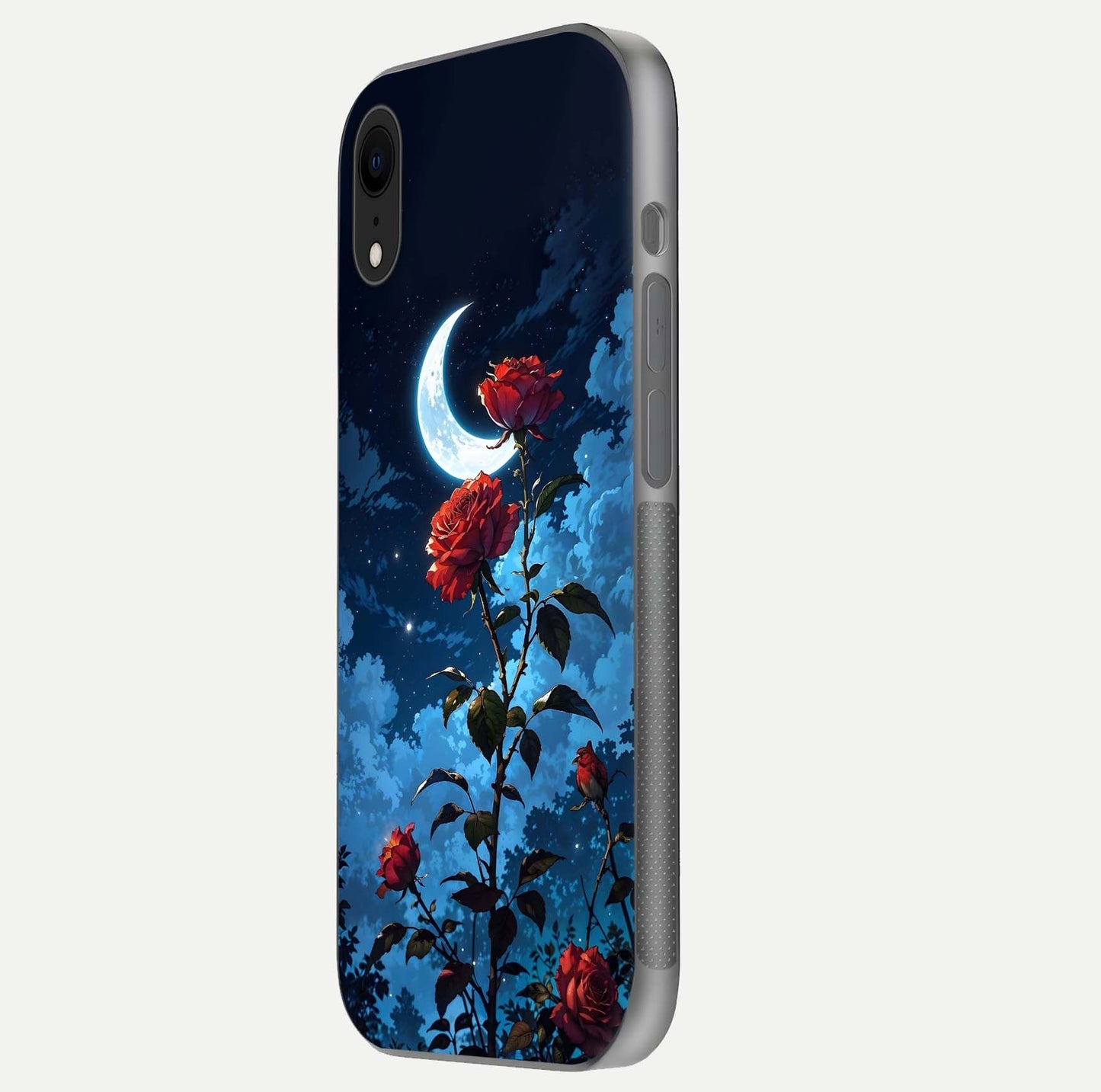 Crimson Rose Moon Glass Case for iPhone Xr side-angle photo showing reflective texture and smooth curve
