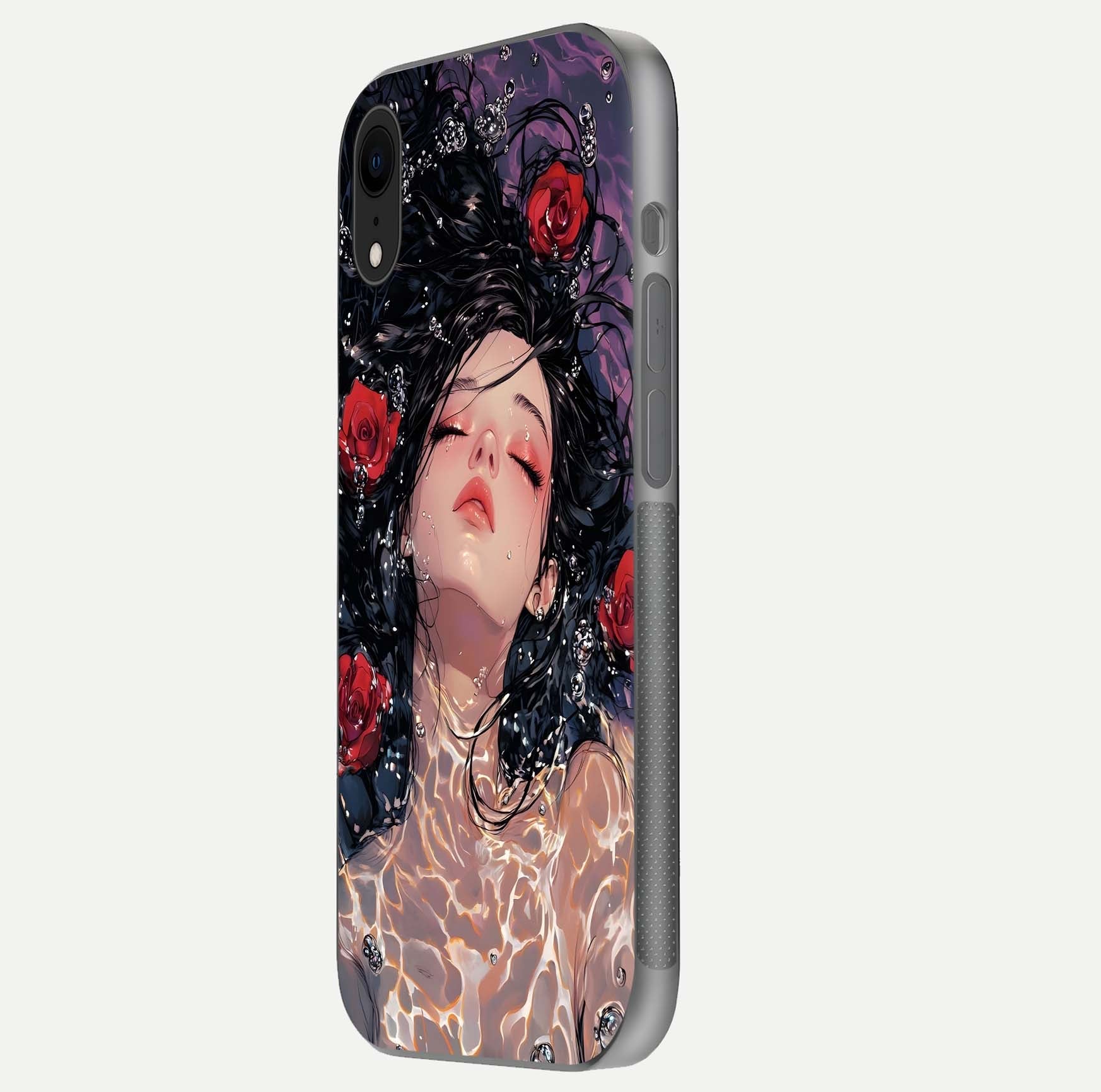 Crimson Rose Serenity Glass Case for iPhone Xr side-angle photo showing glass reflection and soft edges