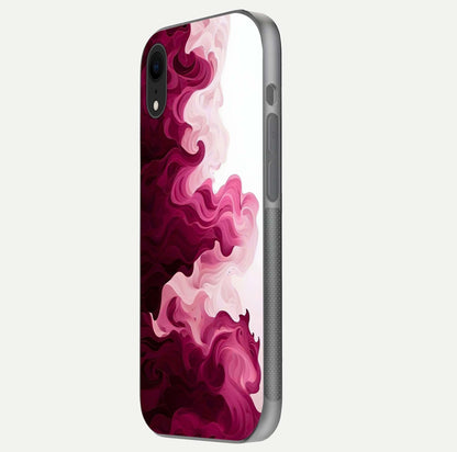 Crimson Wave Flow Glass Case for iPhone Xr side-angle photo showing reflection glow and HD finish