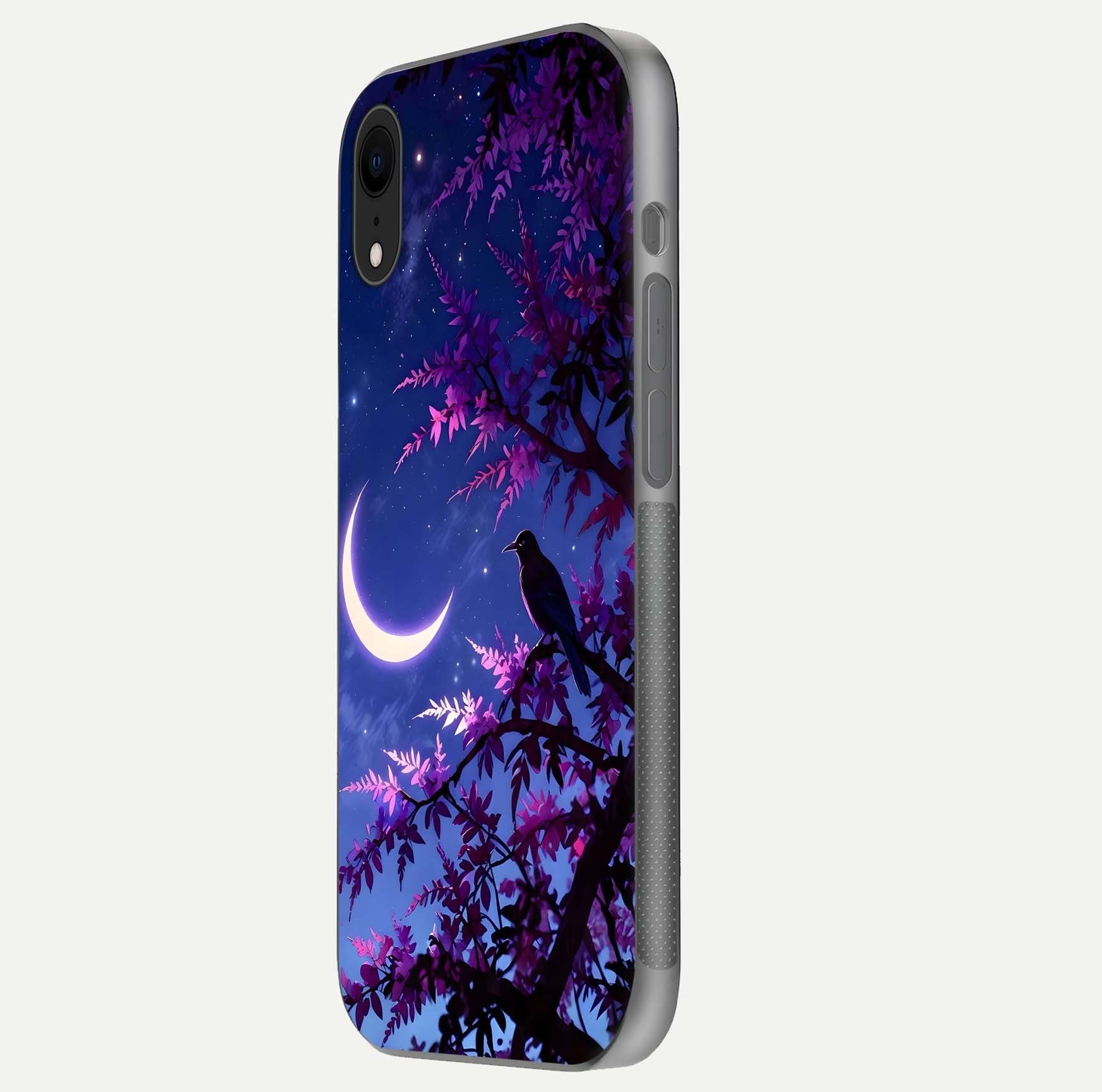 Crow & Moon Scenery Glass Case for iPhone Xr side-angle photo capturing glossy shine and artistic contrast
