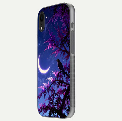 Crow & Moon Scenery Glass Case for iPhone Xr side-angle photo capturing glossy shine and artistic contrast