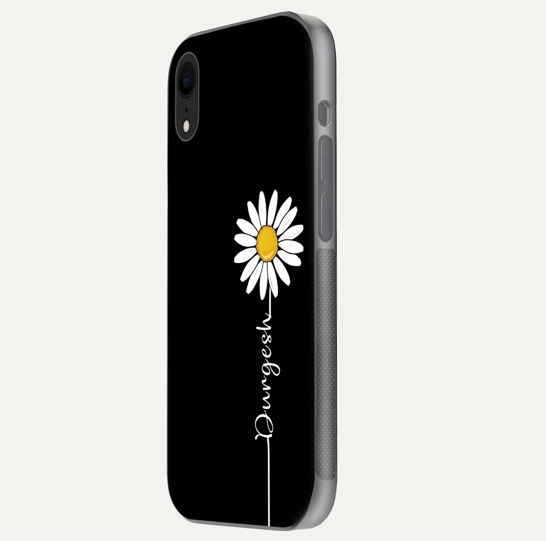 Custom Name White Flower Glass Case for iPhone Xr side-angle photo showing reflection shine and name clarity