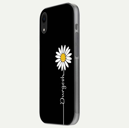 Custom Name White Flower Glass Case for iPhone Xr side-angle photo showing reflection shine and name clarity