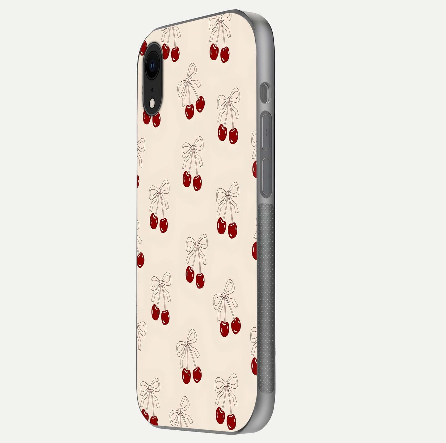 Cute Cherry Pattern Glass Case for iPhone Xr side-angle photo highlighting gloss curve and pattern clarity
