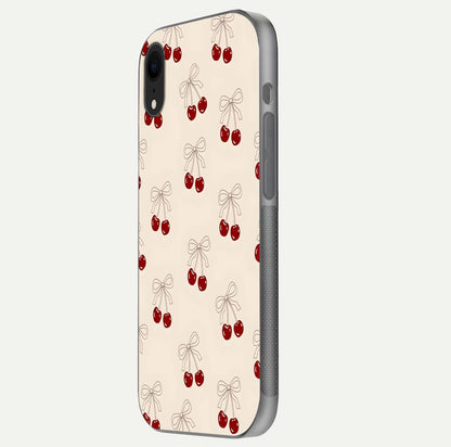 Cute Cherry Pattern Glass Case for iPhone Xr side-angle photo highlighting gloss curve and pattern clarity