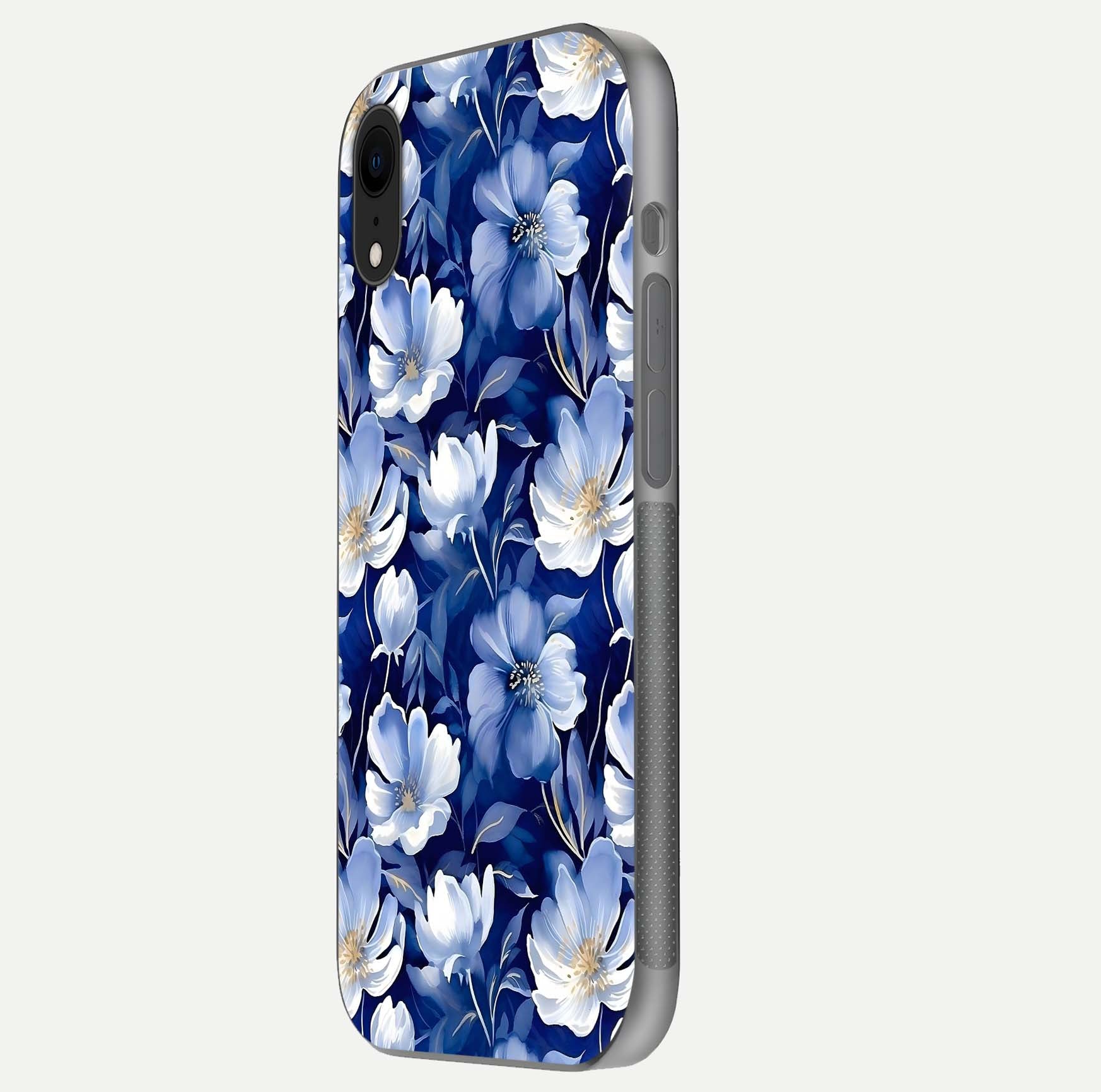 Cute Floral Patterns Glass Case for iPhone Xr side-angle image showing polished surface and gloss tone