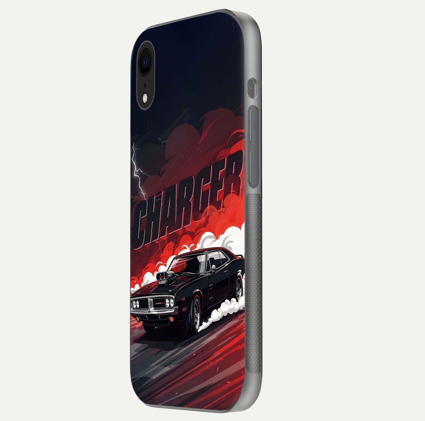 Dark Charger Fury Glass Case for iPhone Xr side-angle image showing edge gloss and bold tone