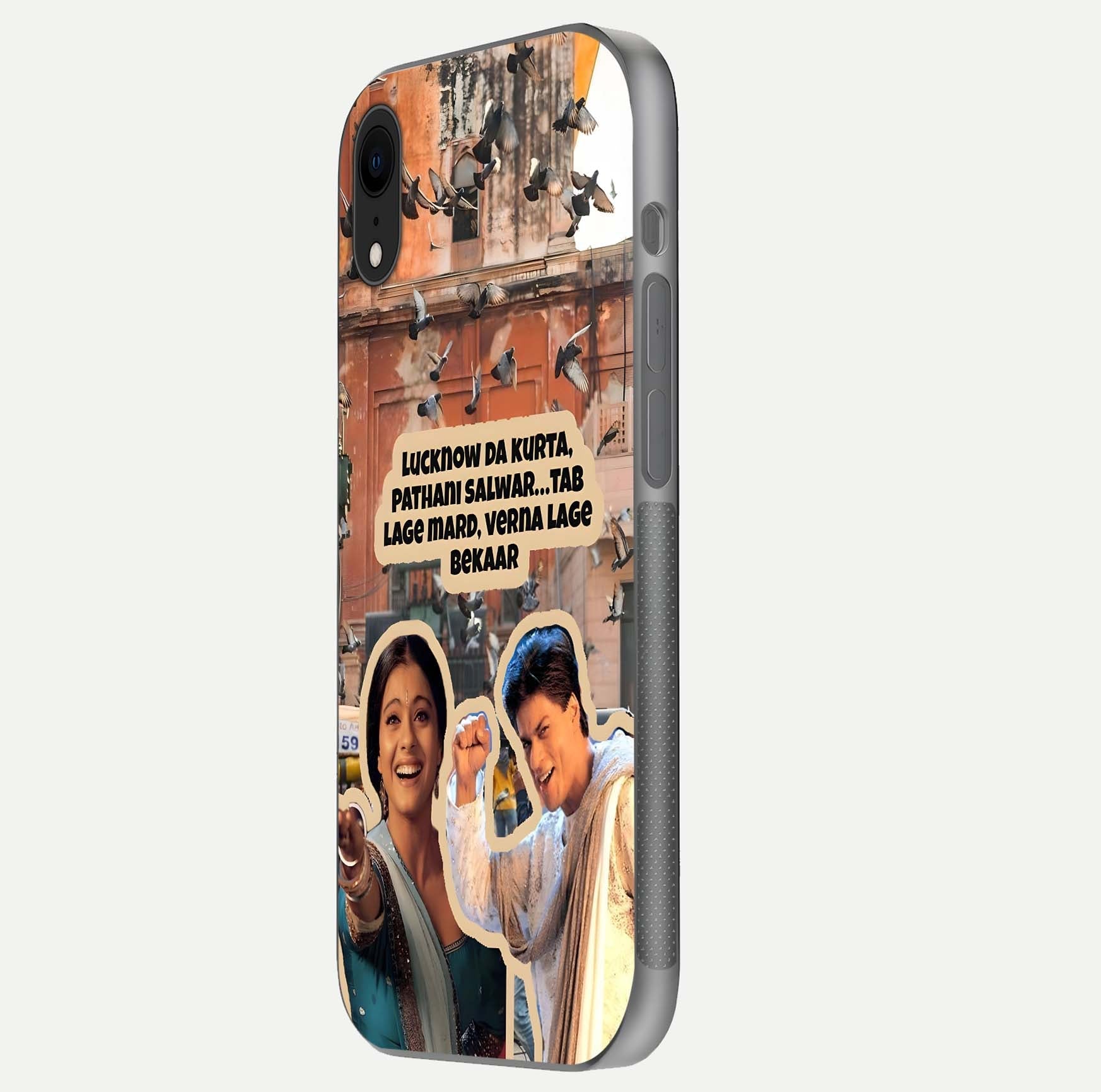 Desi Retro Vibes Glass Case for iPhone Xr side-angle image displaying gloss texture and bold pattern