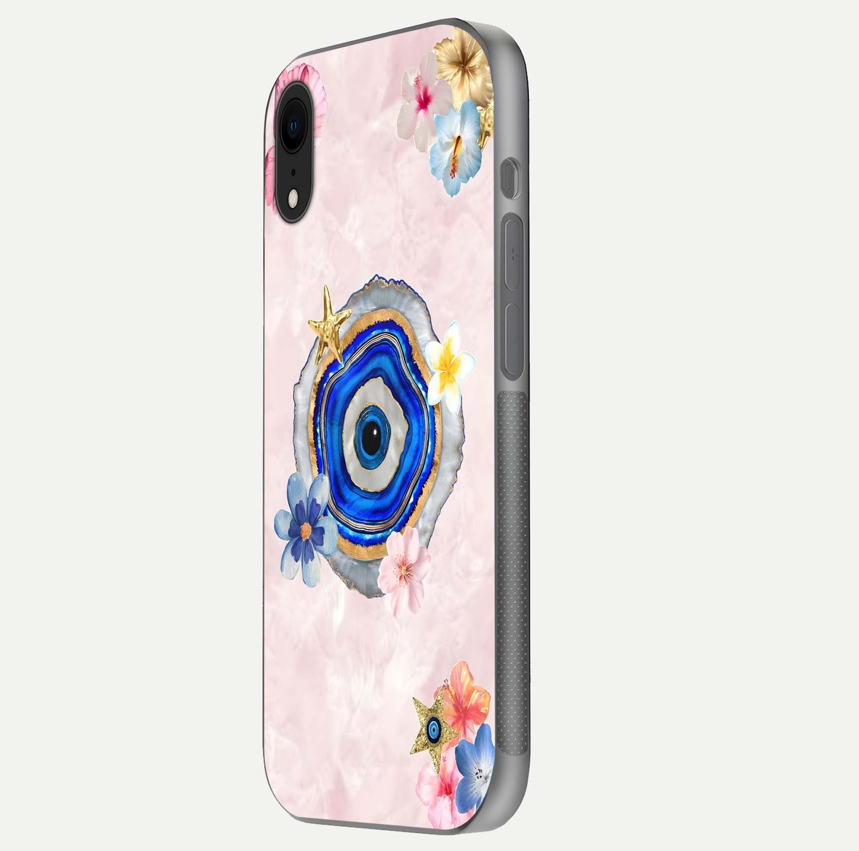 Divine Aura Bloom Glass Case for iPhone Xr side-angle photo capturing reflection glow and premium polish
