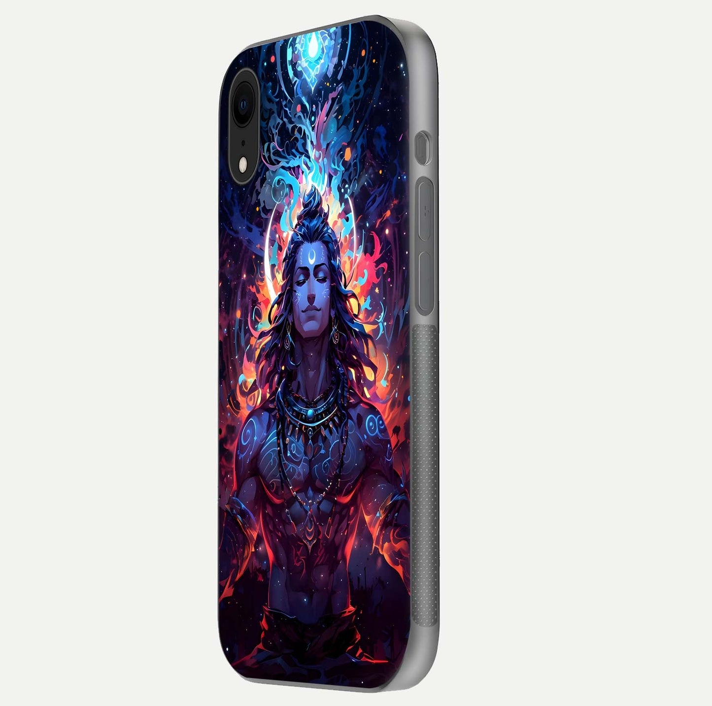 Divine Fire Shiv Glass Case for iPhone Xr side-angle image showing reflection clarity and shine