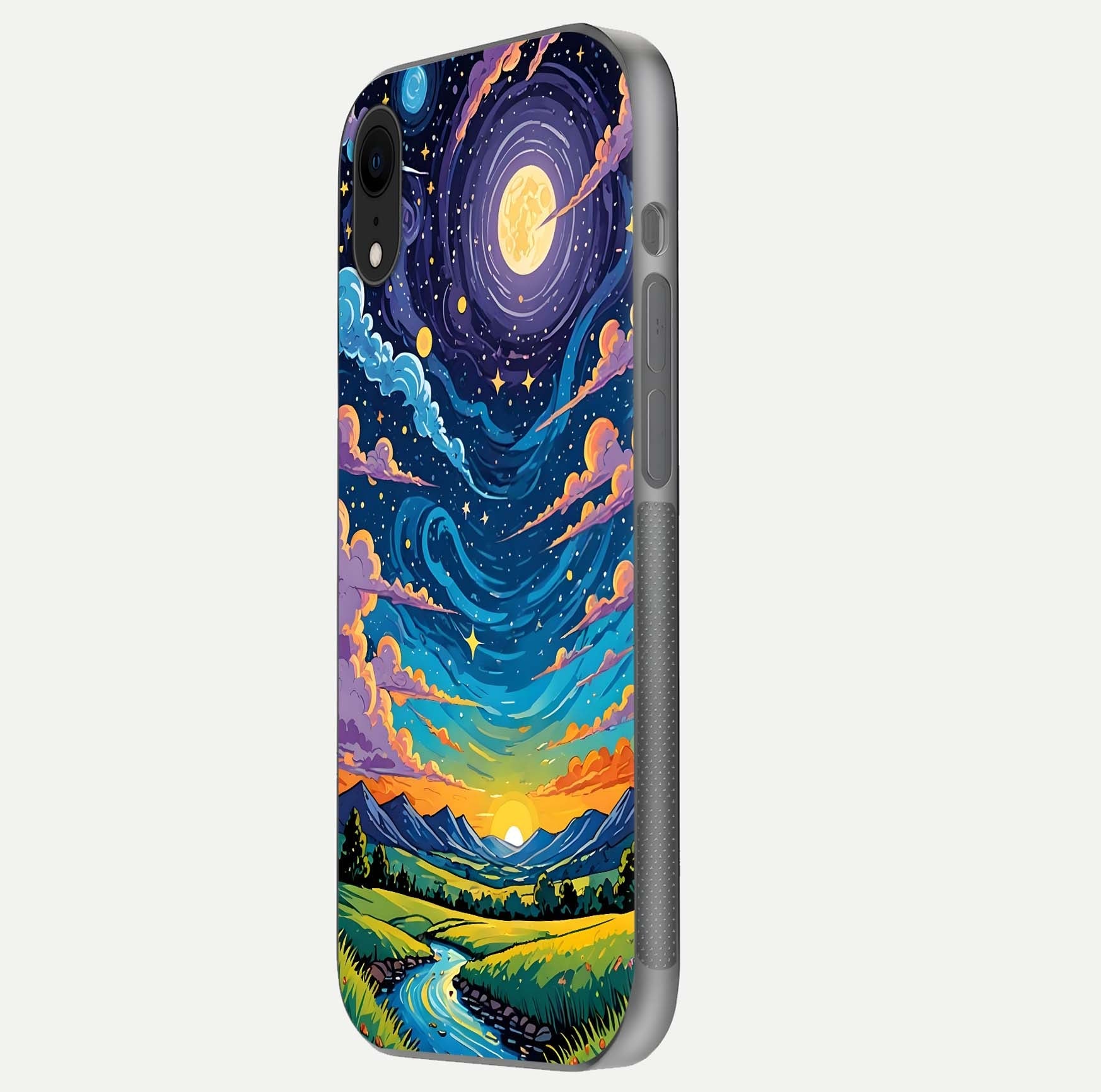 Dreamy Night Landscape Glass Case for iPhone Xr side-angle photo capturing reflection glow and edge detail