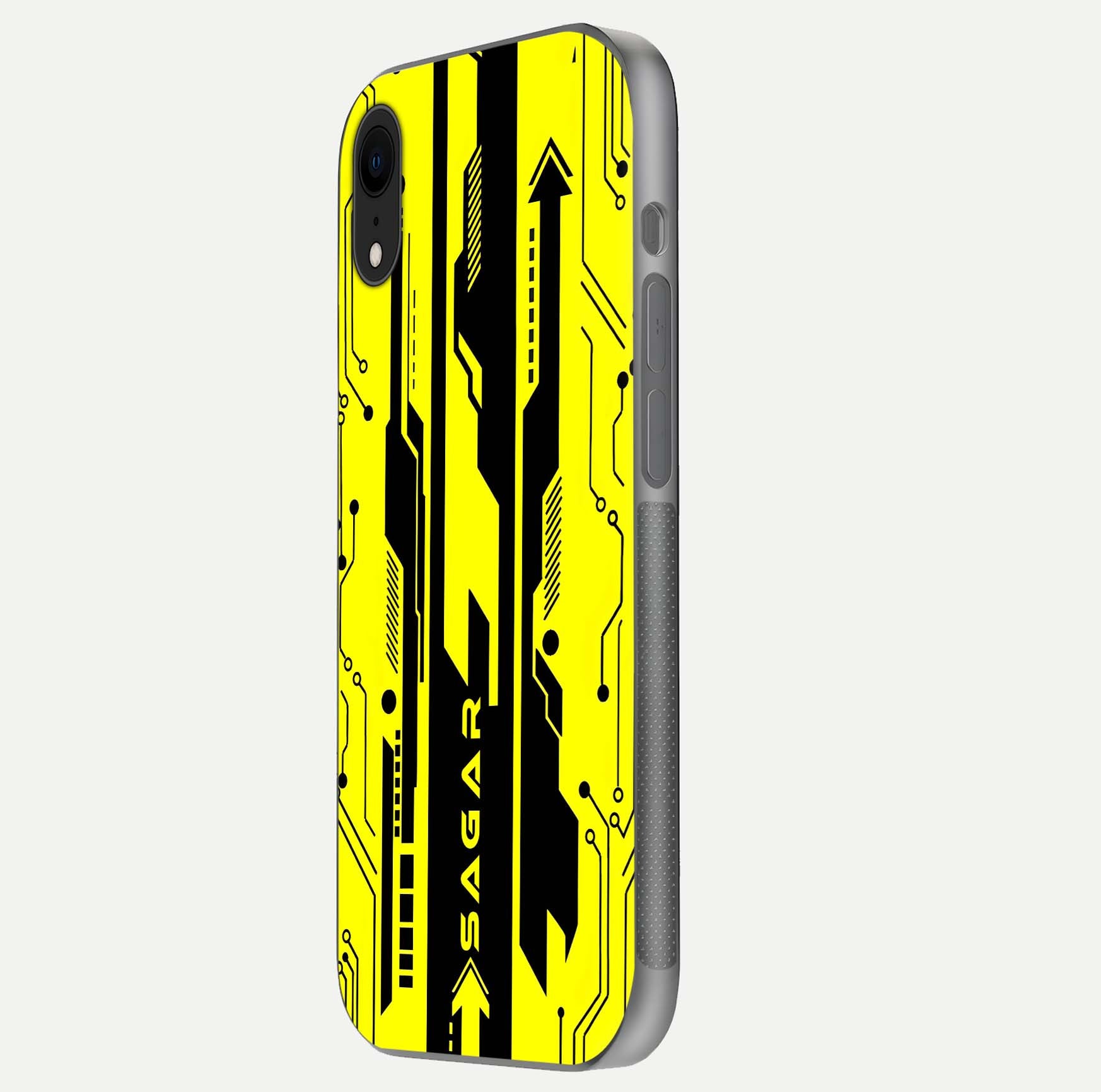 Electric Pulse CYBERPUNK Custom Name Glass Case for iPhone Xr side-angle image showing glossy reflection and edge illumination