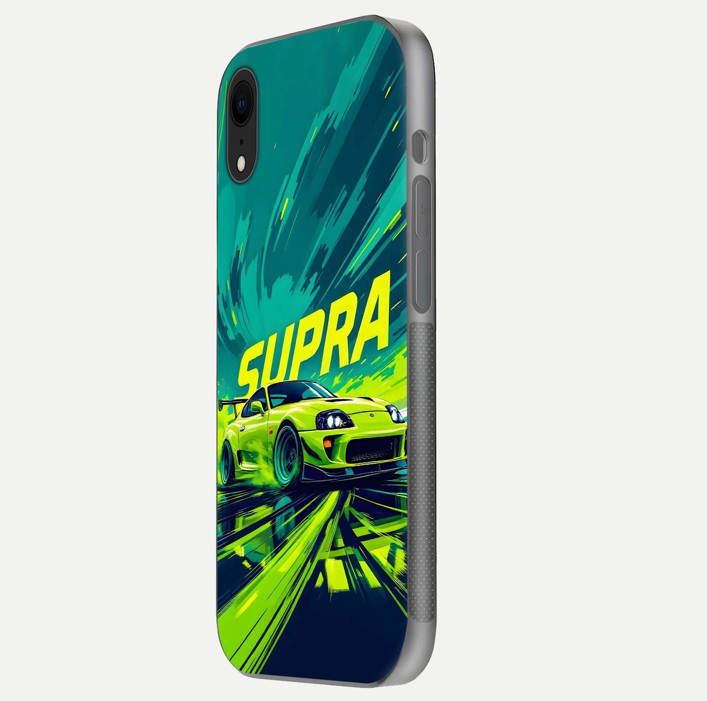 Electric Supra Thunder Glass Case for iPhone Xr side-angle photo showing sleek car outline and reflective shine