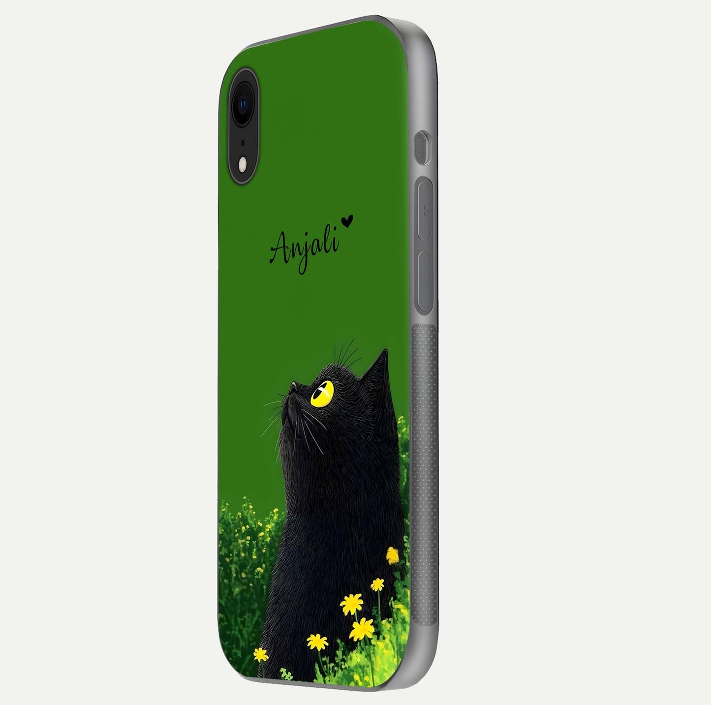 Emerald Cat Custom Name Glass Case for iPhone Xr side-angle photo showing name clarity and glass reflection