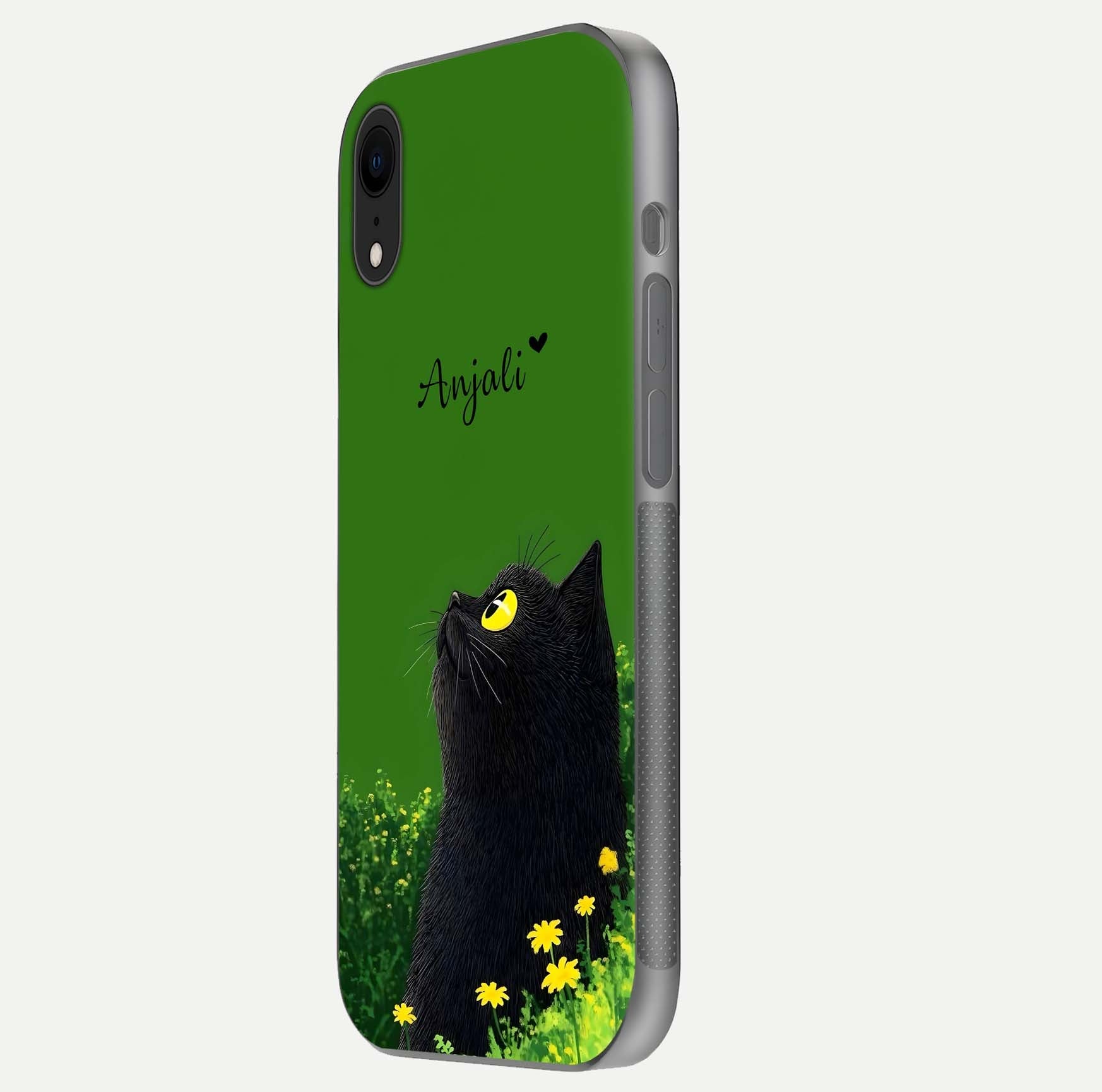 Emerald Cat Custom Name Glass Case for iPhone Xr side-angle photo showing name clarity and glass reflection