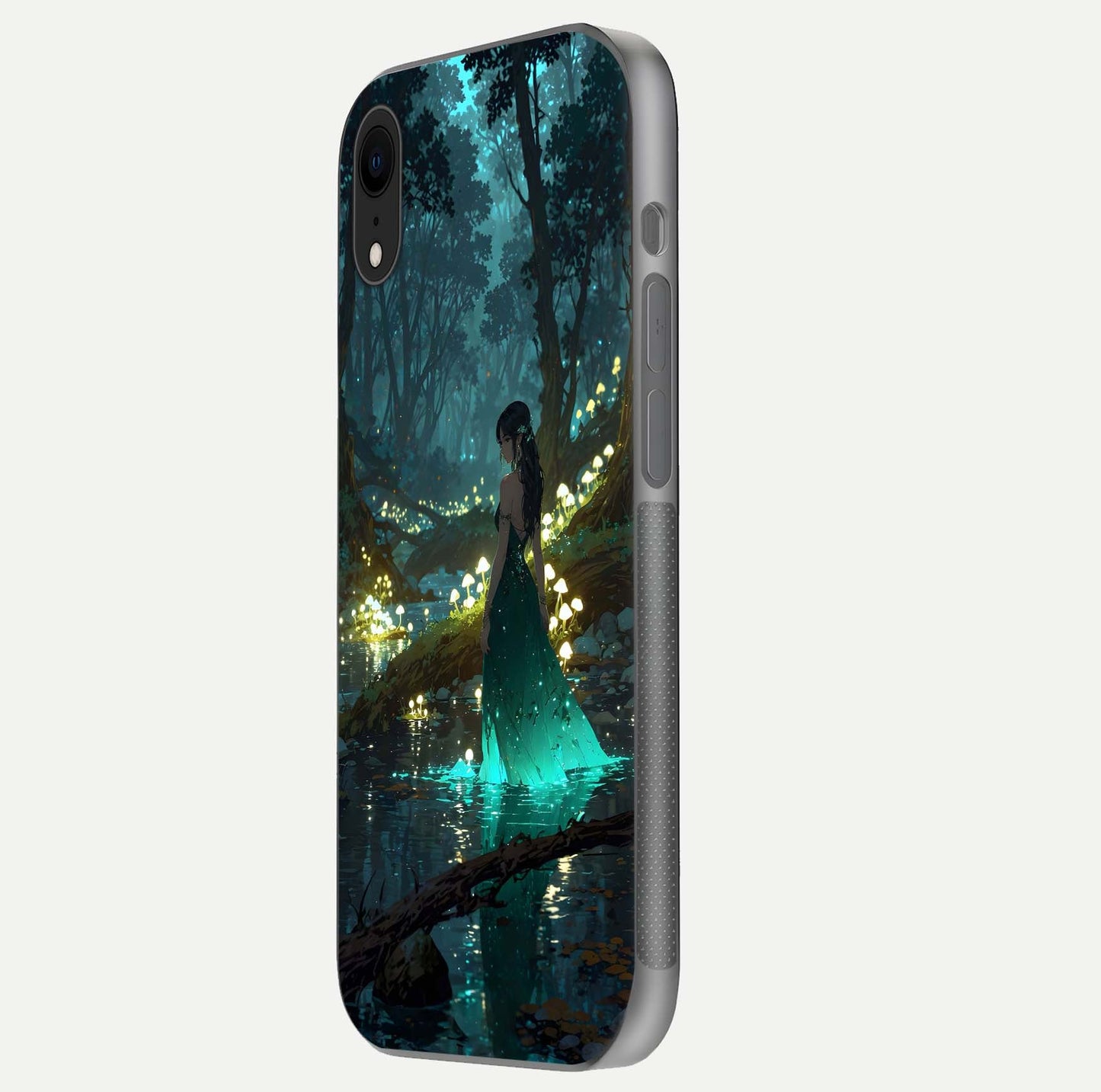 Enchanted Forest Glow Glass Case for iPhone Xr side-angle image capturing shine reflection and rich detail