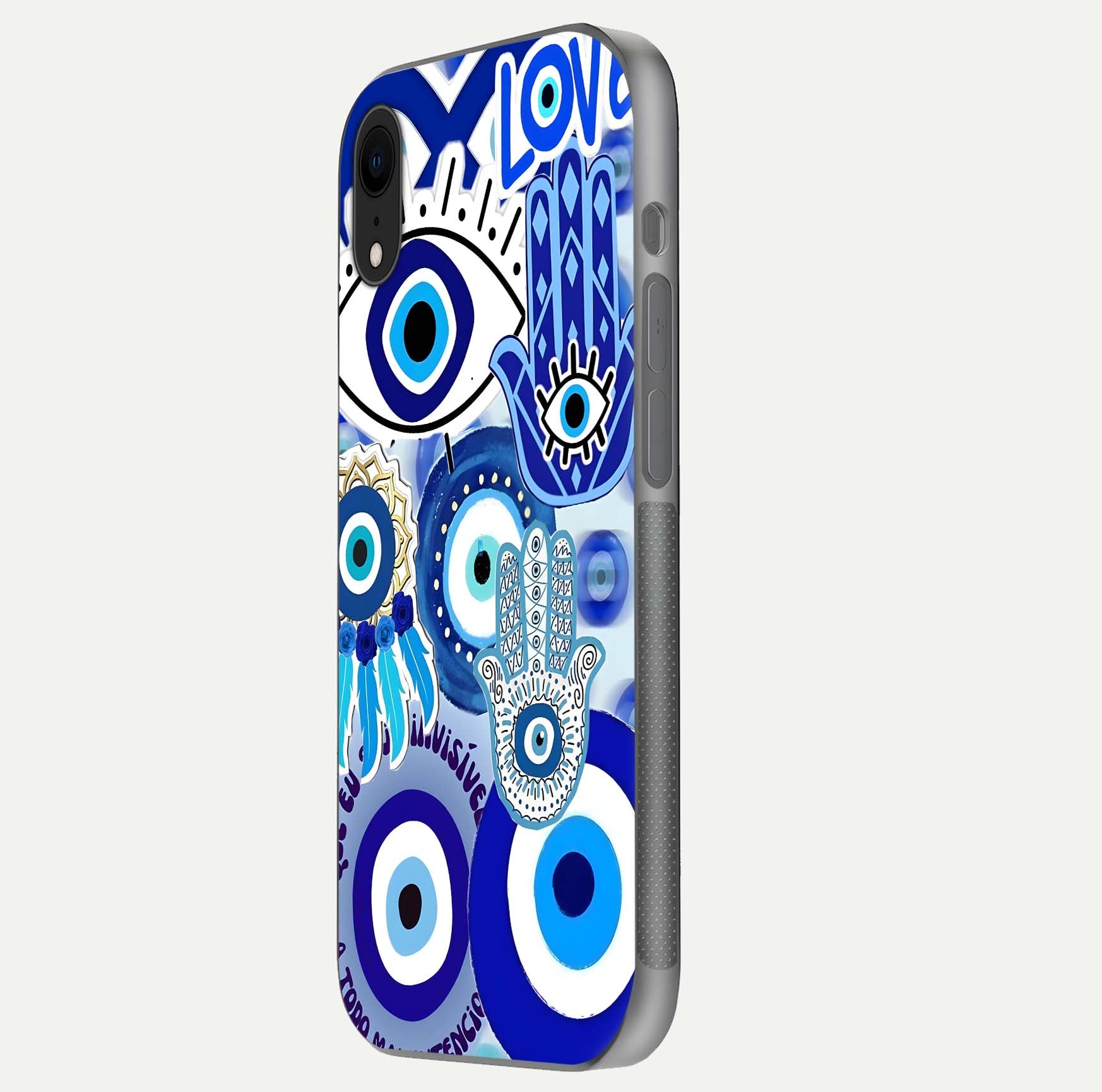 Evil Eyes Dream Glass Case for iPhone Xr side-angle photo capturing smooth edges and reflective texture