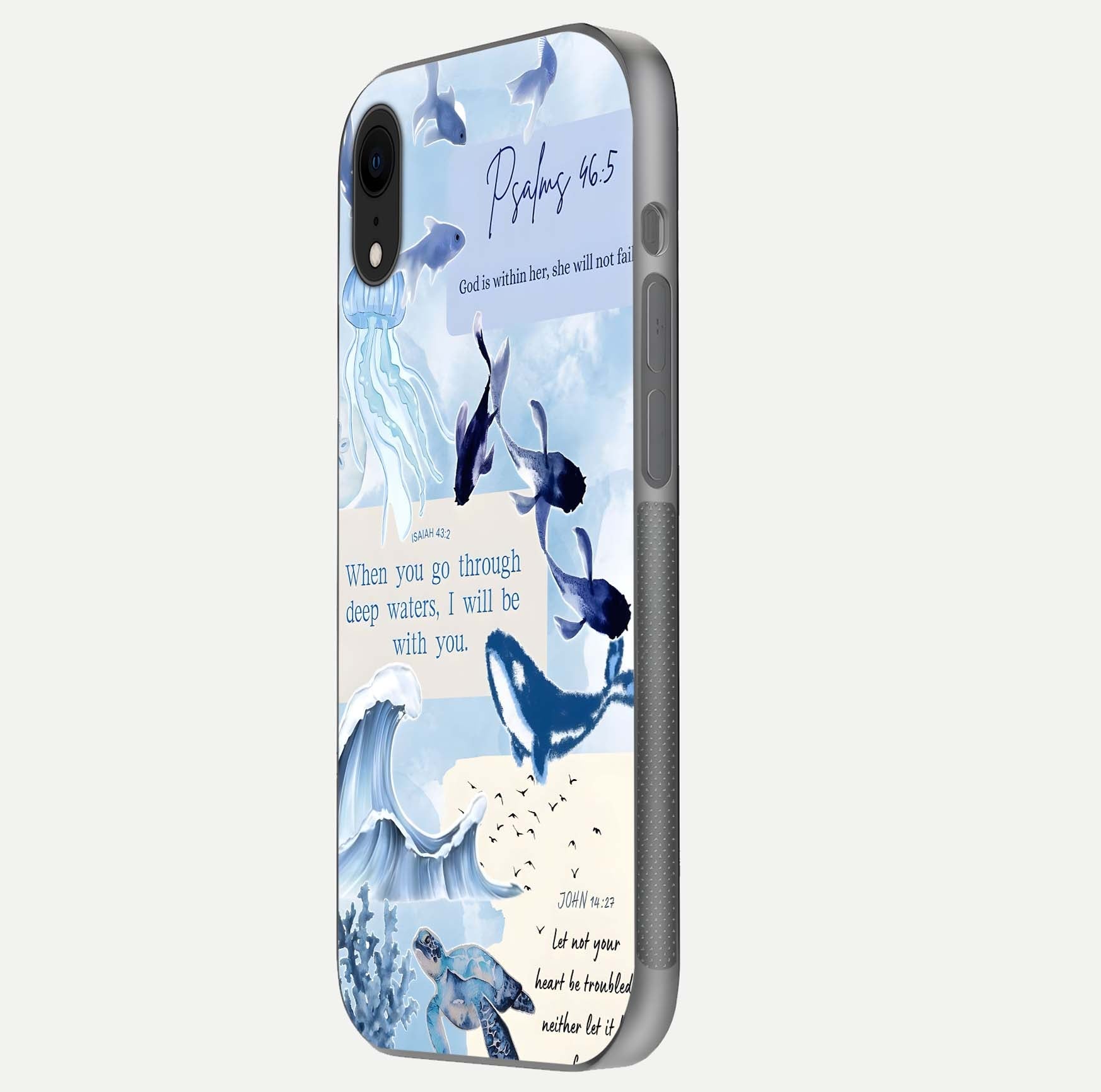 Faithful Ocean Promise Glass Case for iPhone Xr side-angle photo showing reflection glow and color clarity