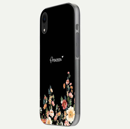 Floral Design Personalized Custom Name Glass Case for iPhone Xr side-angle image showing name alignment and gloss shine