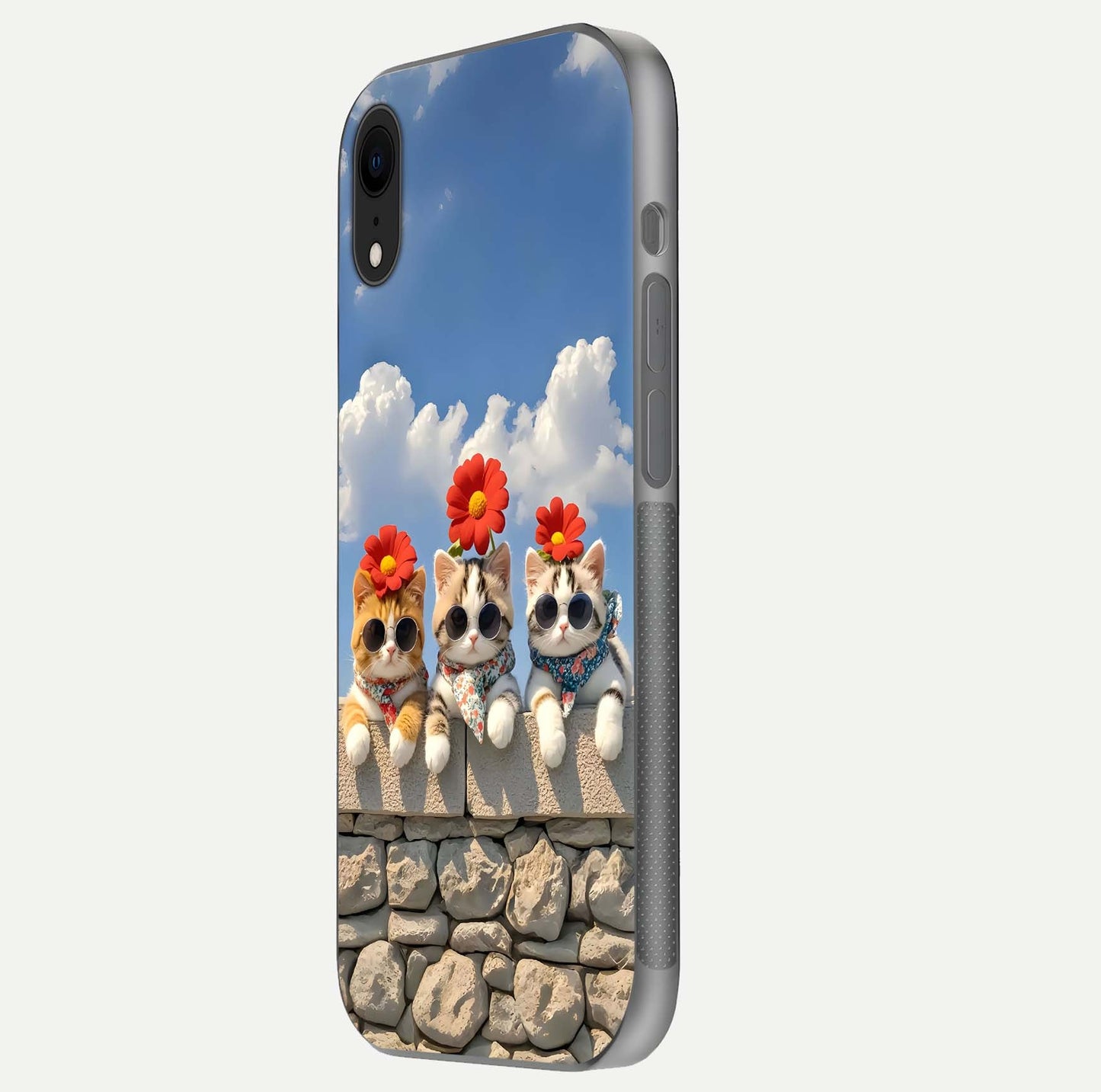 Floral Kitty Squad Glass Case for iPhone Xr side-angle photo showing reflection glow and polished surface