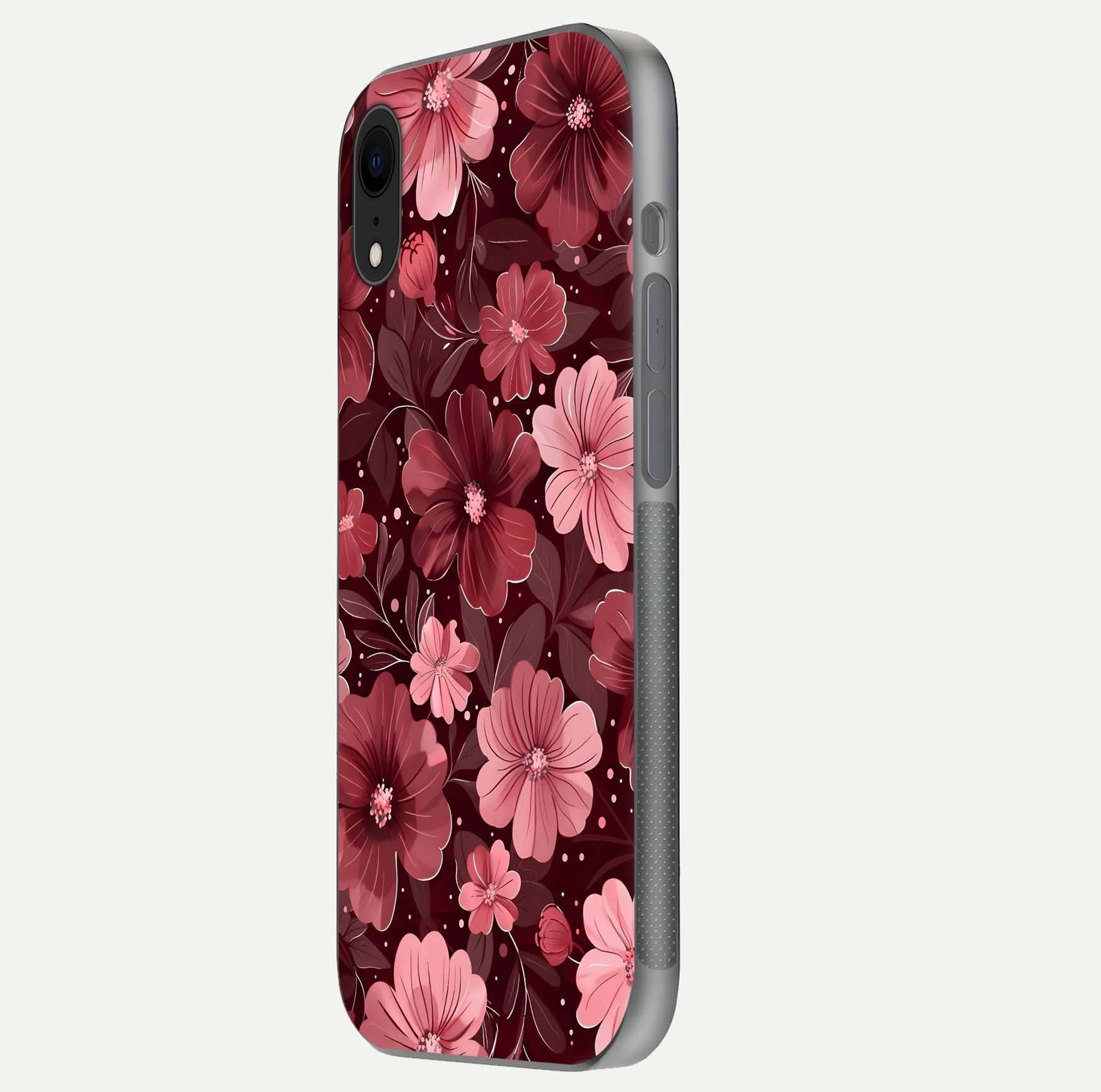 Flower Blush Bloom Glass Case for iPhone Xr side-angle photo showing glass reflection and delicate hues