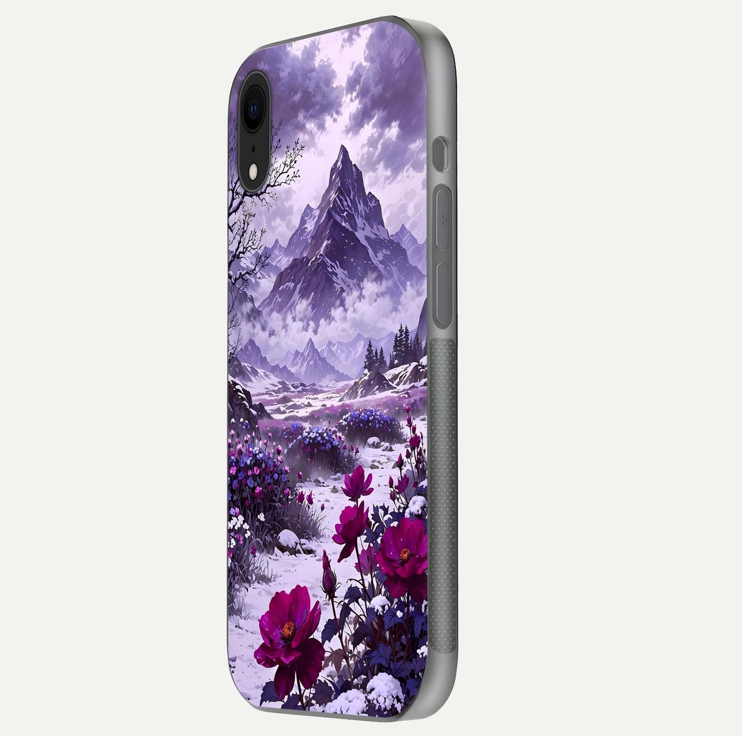 Flower Mountain View Glass Case for iPhone Xr side-angle image showing gloss polish and smooth edge
