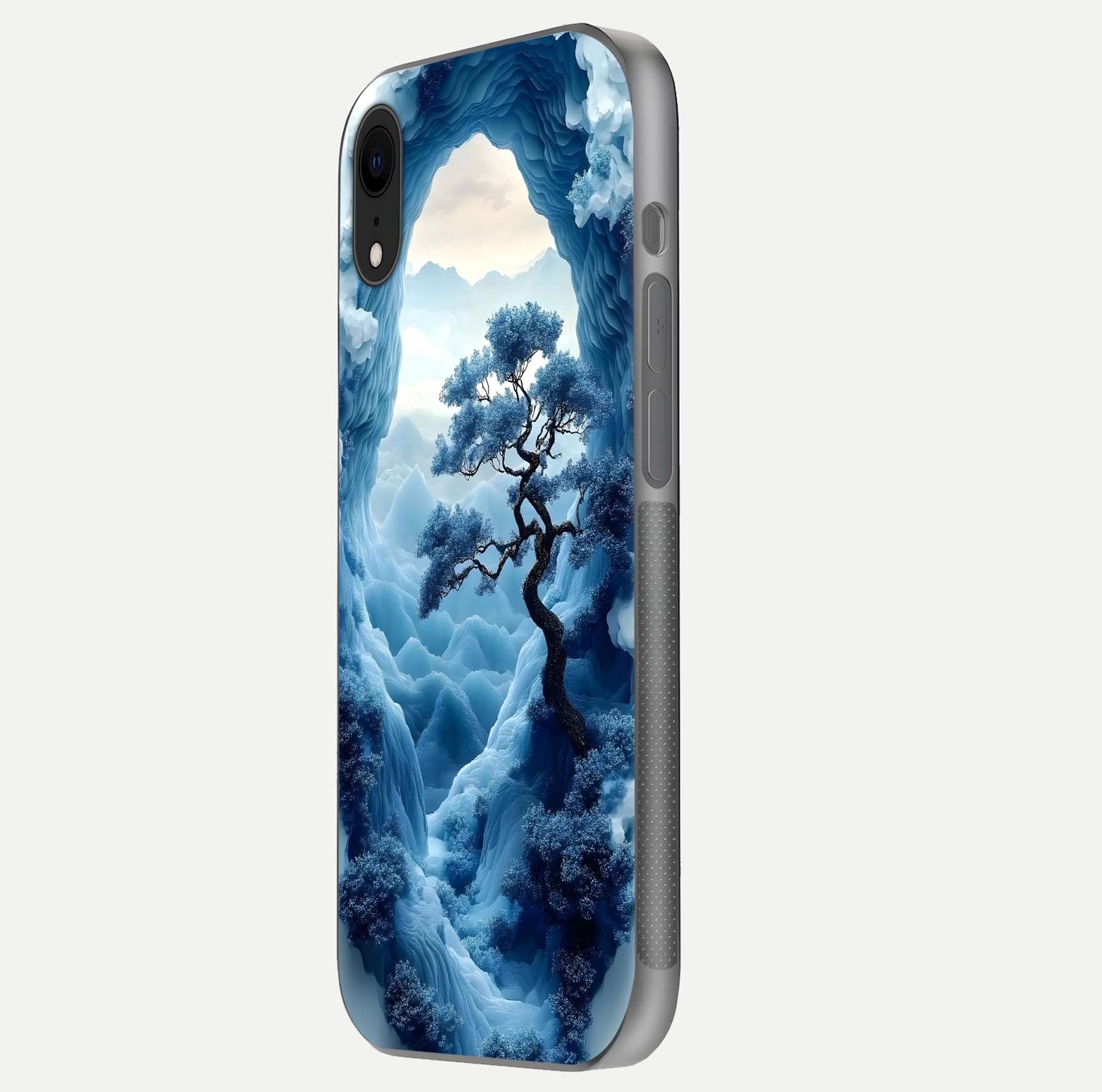 Frozen Serenity Gate Glass Case for iPhone Xr side-angle photo showing reflective surface and cold tones