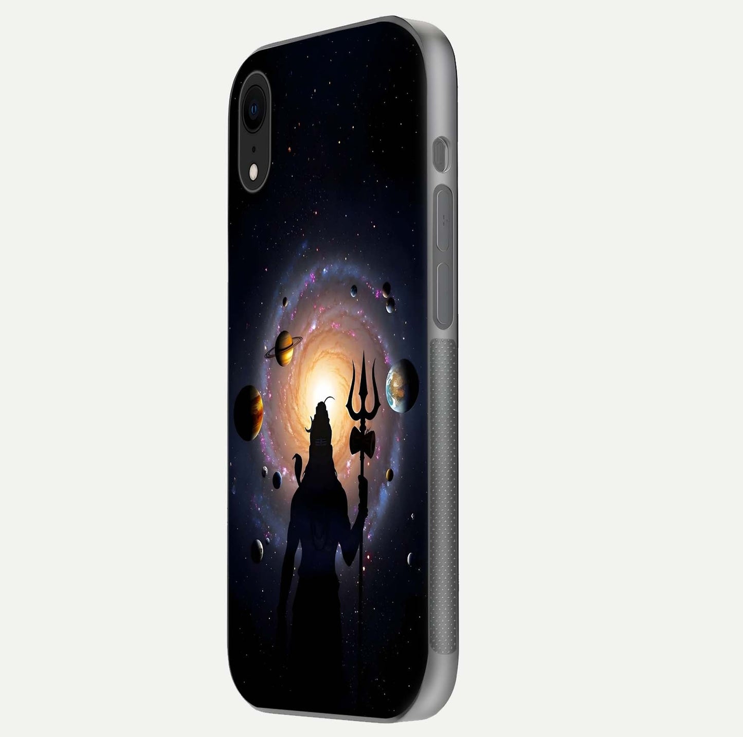 Galactic Shiva Vision Glass Case for iPhone Xr side-angle image showing light reflection, glass edges, and spiritual cosmic theme