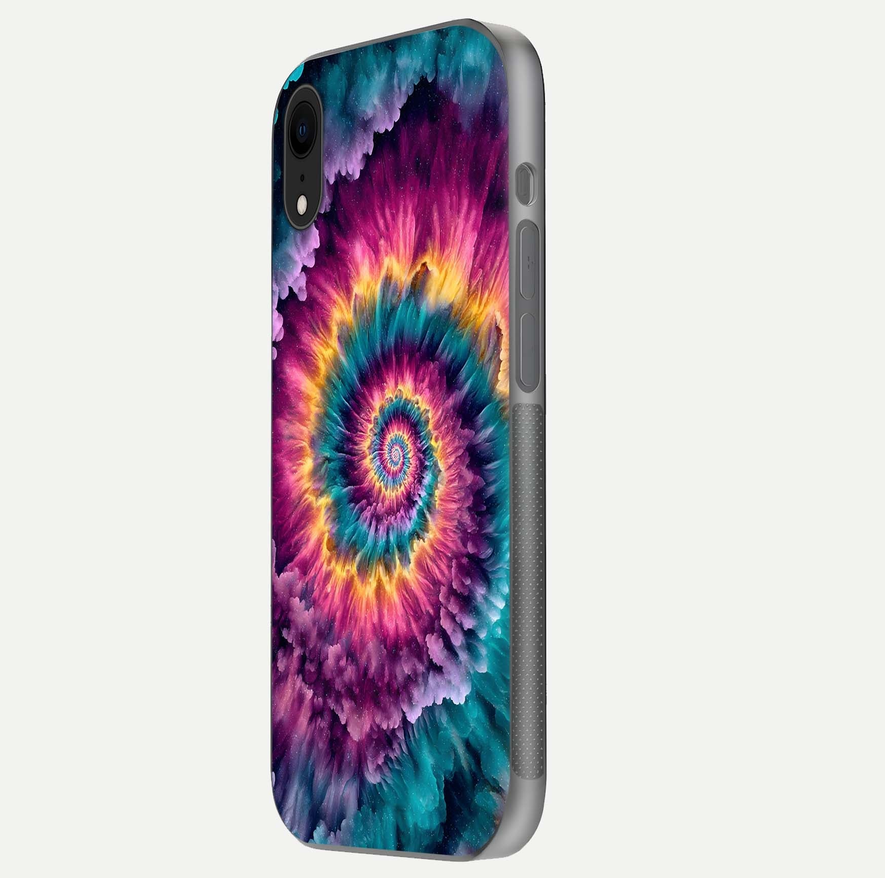 Galactic Spiral Burst Glass Case for iPhone Xr side-angle image showing reflection clarity and vivid galactic texture