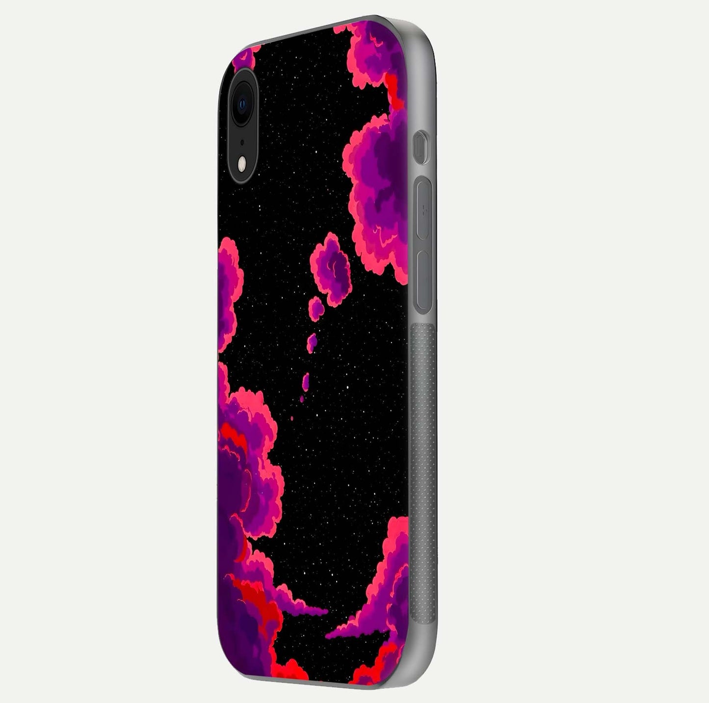Galaxy Dream Frame Glass Case for iPhone Xr side-angle image showing reflection light and premium finish